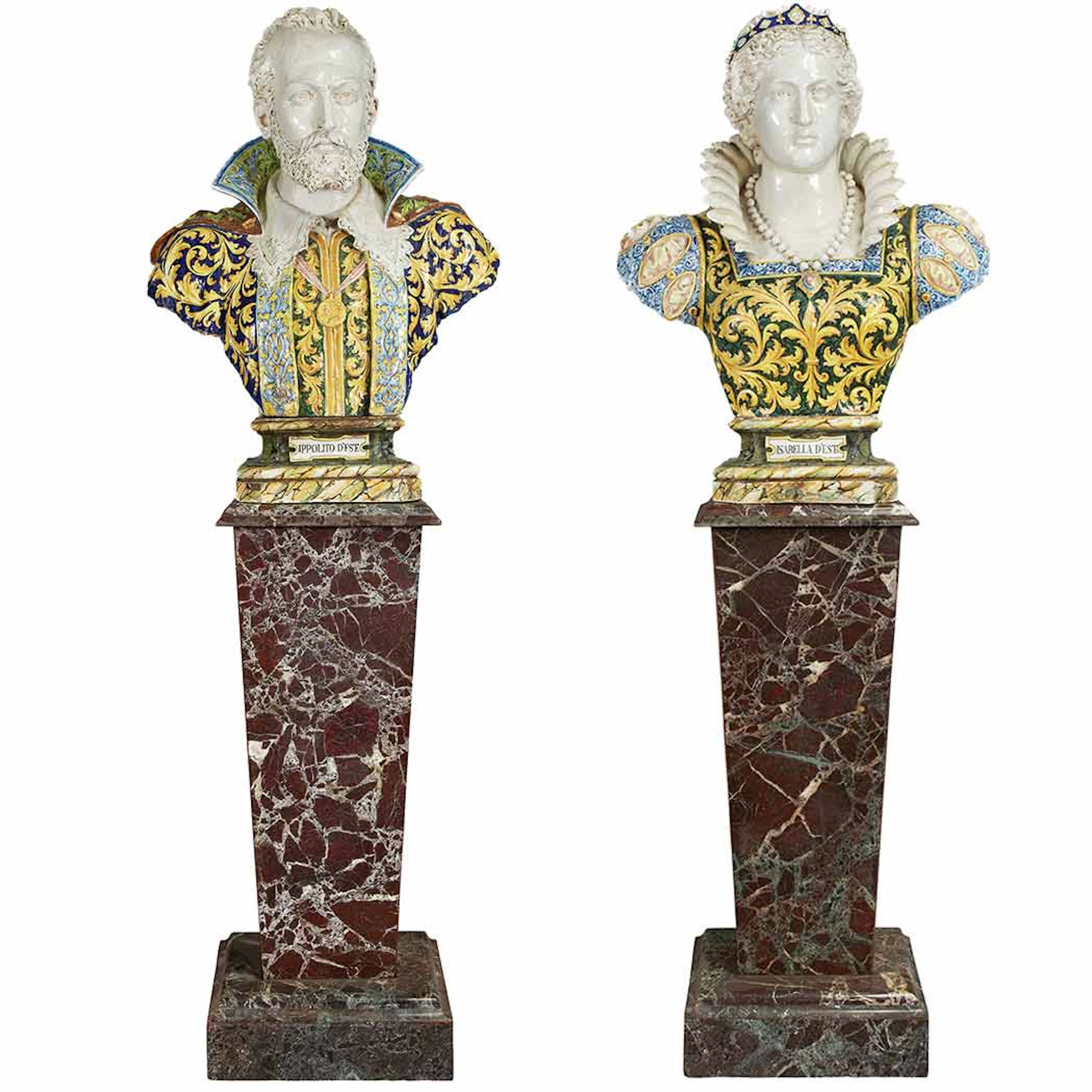 Pair of Italian Renaissance Style Majolica Busts of Isabella DEste & Ippolito DEste;T/W a Pair of Neoclassical Style Marble Pedestals