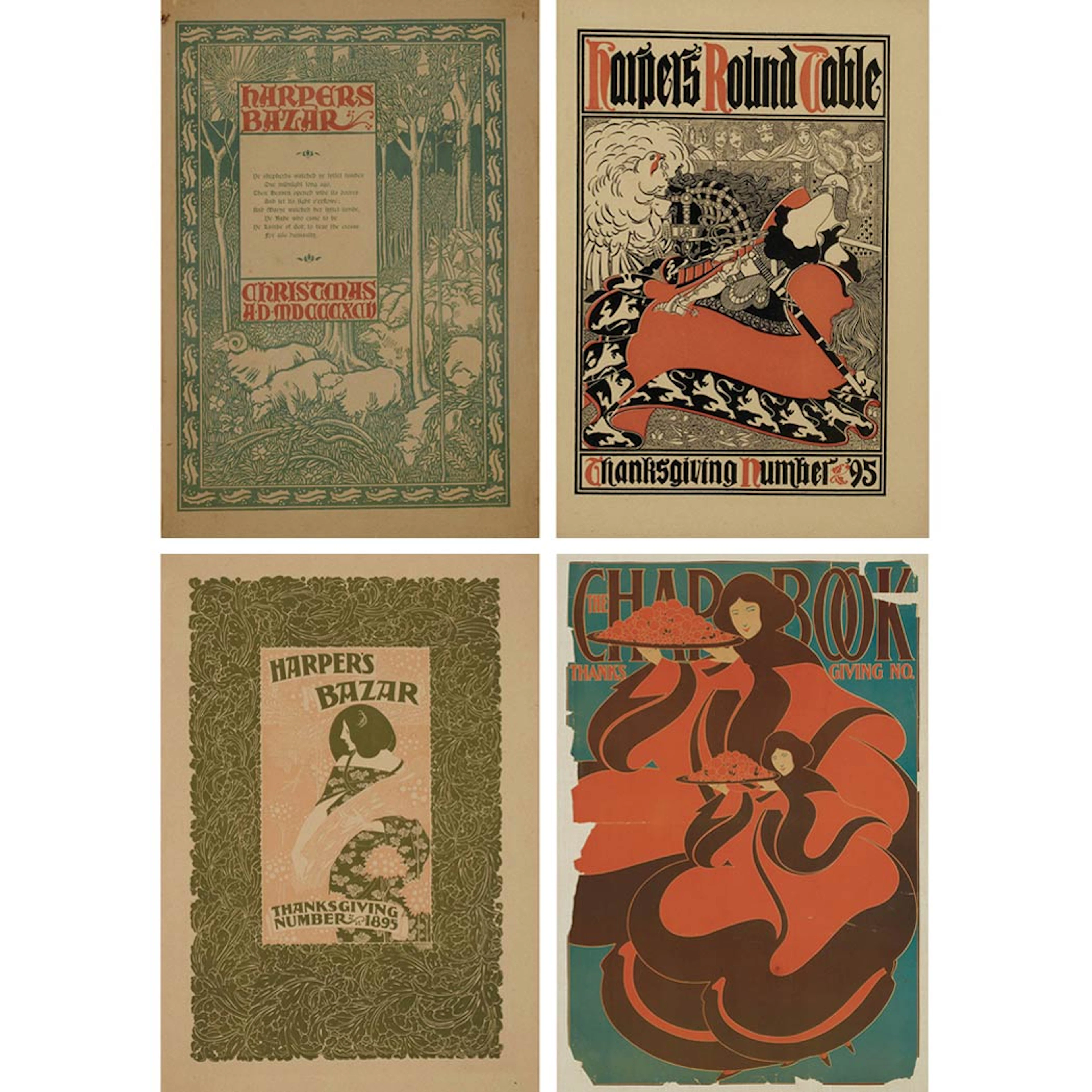 W.H. Bradley CHAP BOOK; HARPERS ROUND TABLE; HARPERS BAZAAR THANKSGIVING; HARPERS BAZAAR CHRISTMAS Four color lithographs
