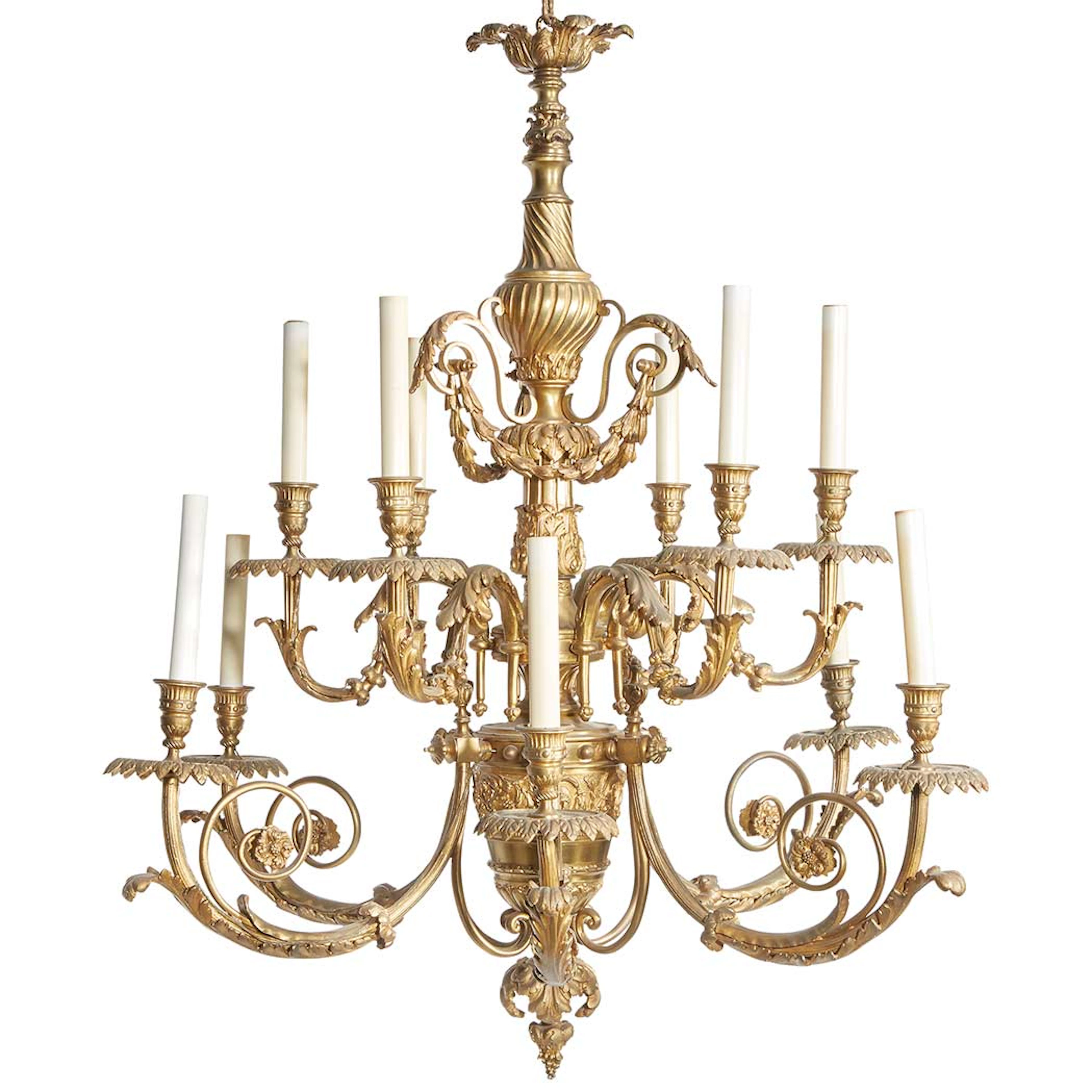Transitional Rococo/Neoclassical Style Gilt-Metal Twelve-Light Chandelier