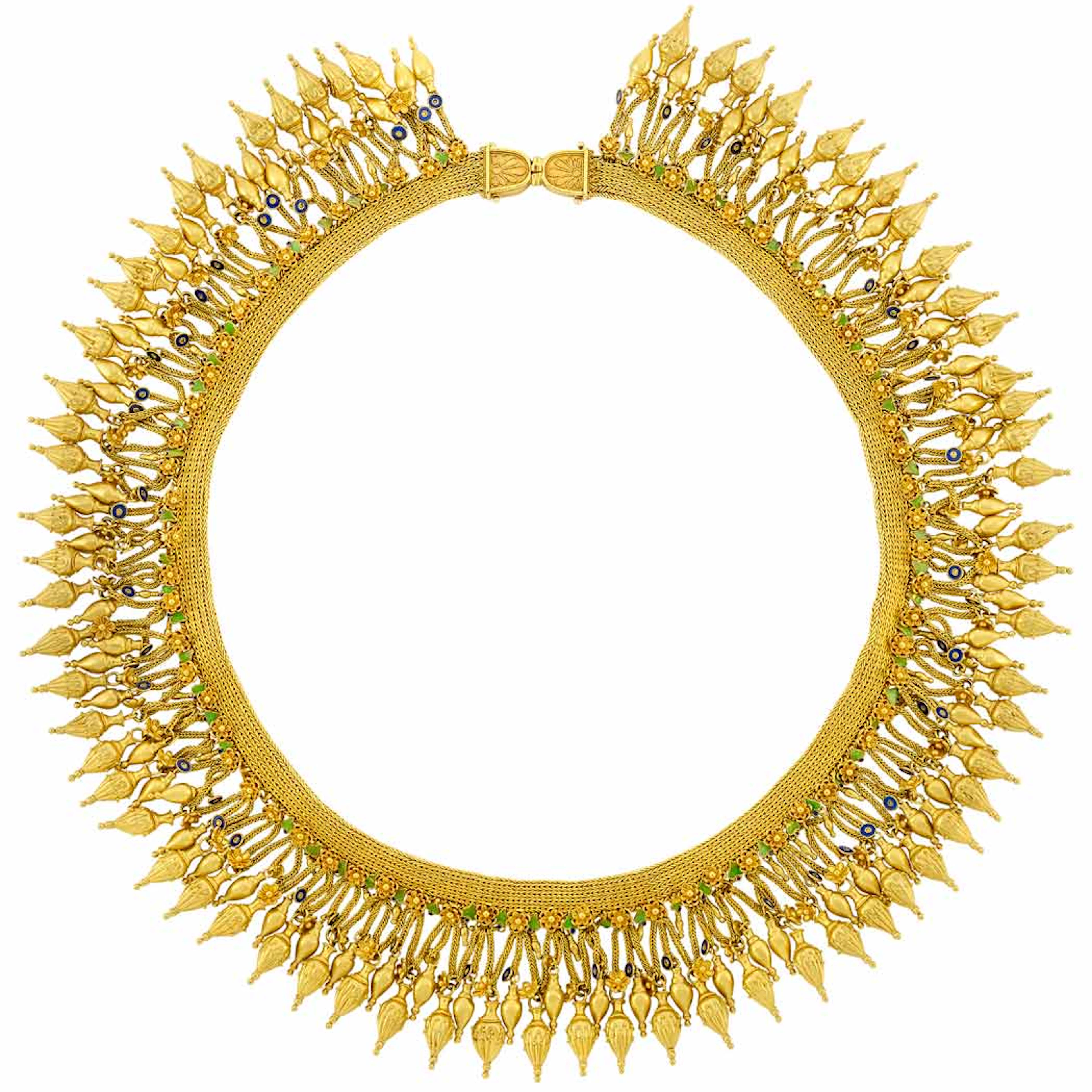 Etruscan Revival Gold and Enamel Mesh Fringe Necklace, Giacinto Melillo