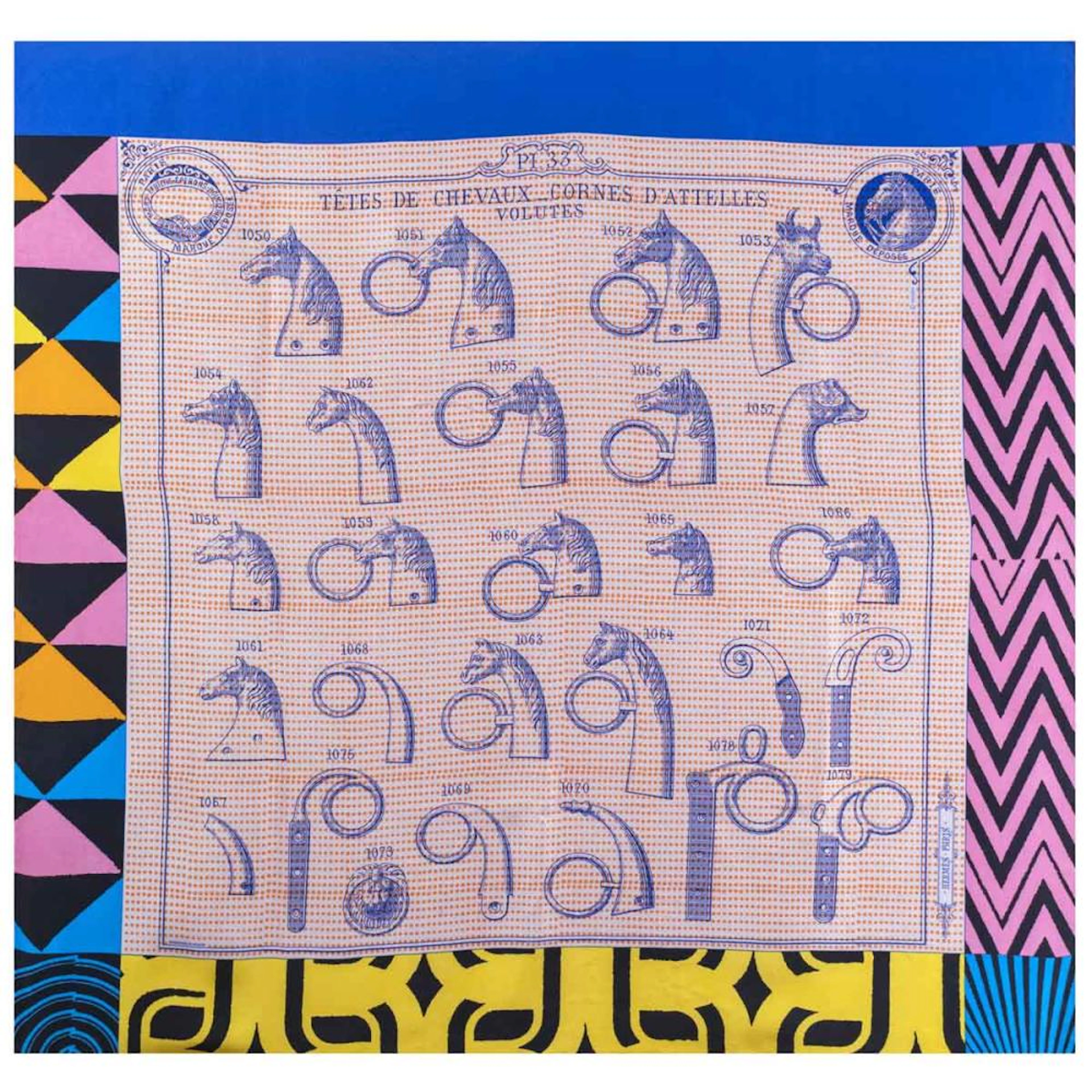 Hermes Tetes de Chevaux_Cornes D'Attelles Volutes collection vintage foulard