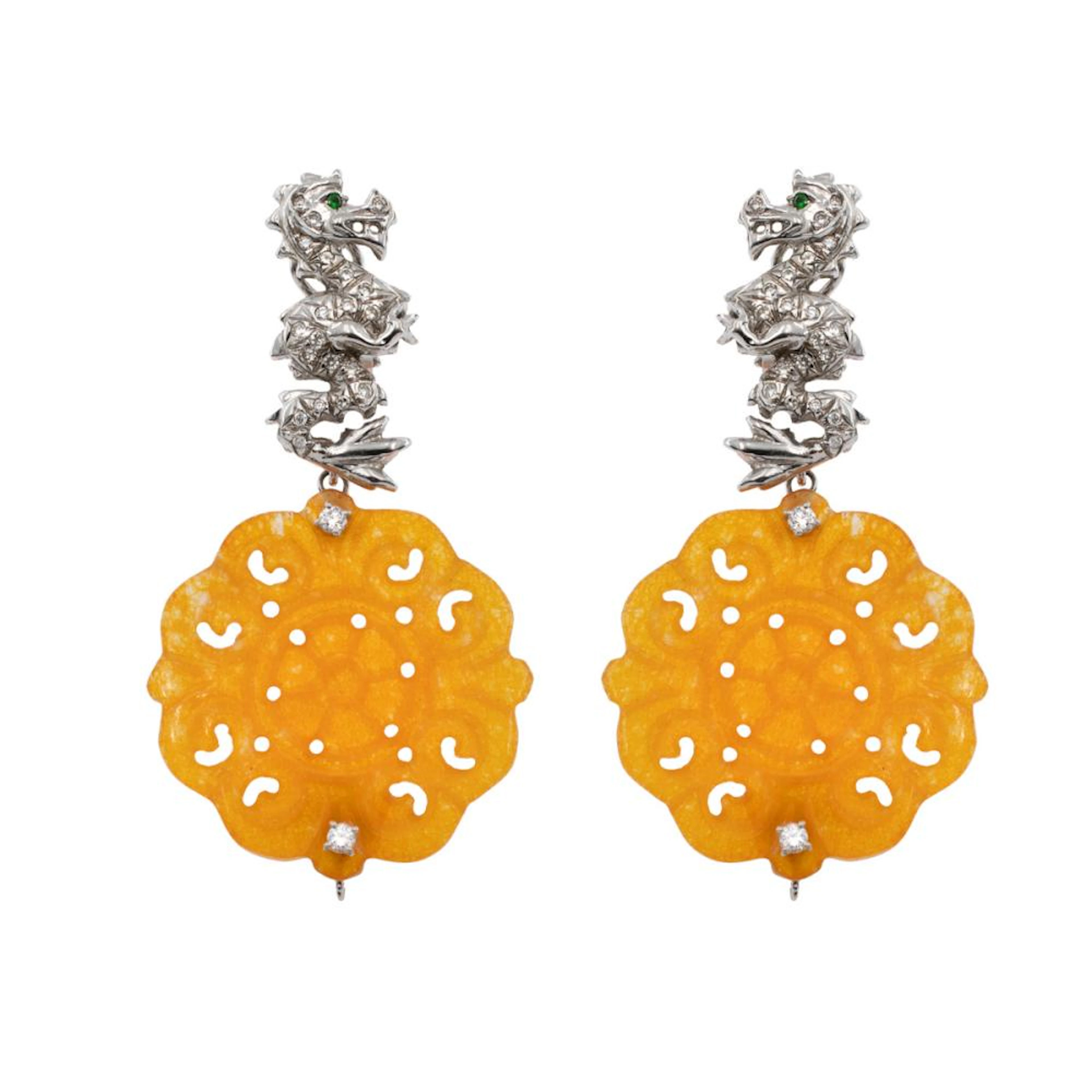 Orange jade pendant dragon earrings