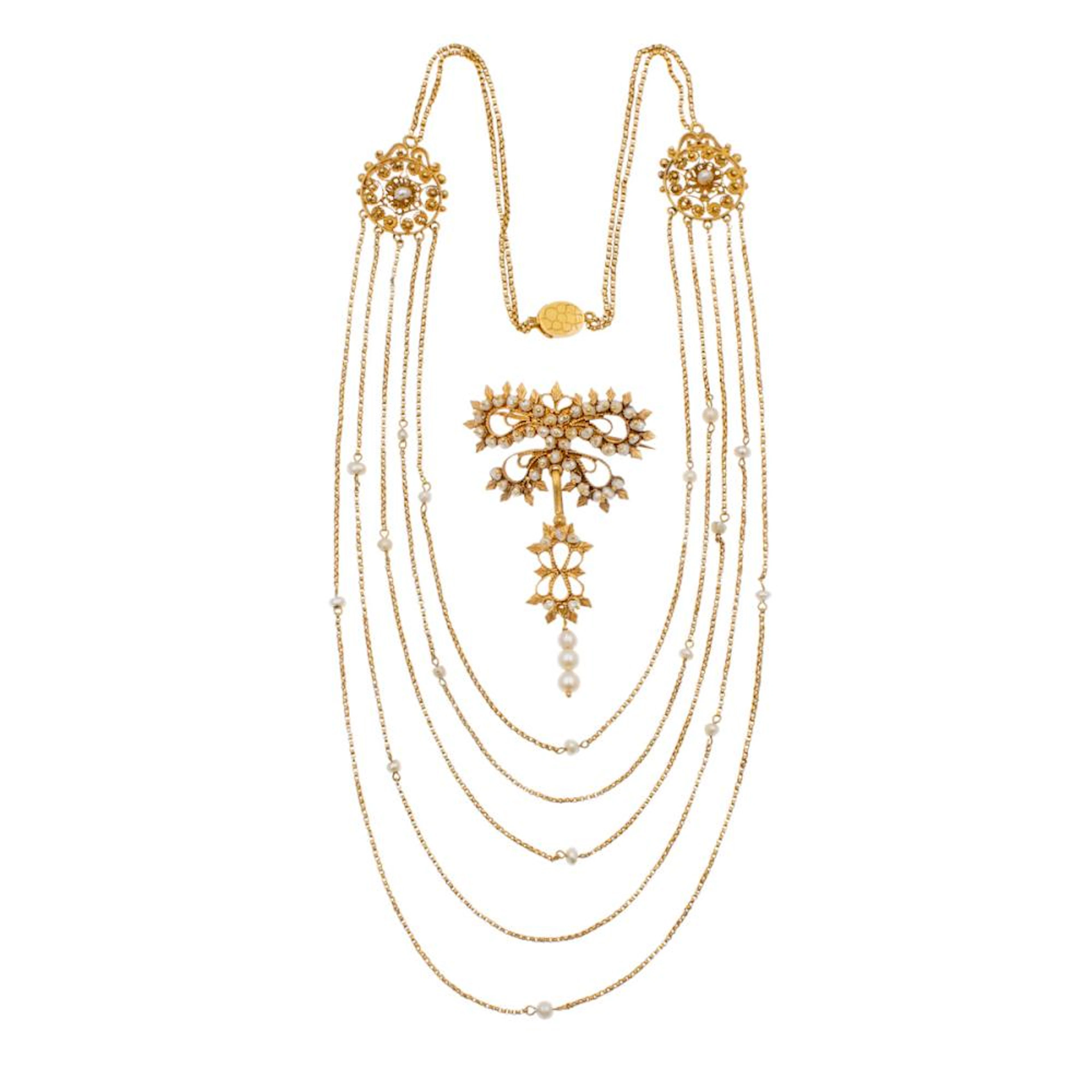 18kt yellow gold necklace and brooch