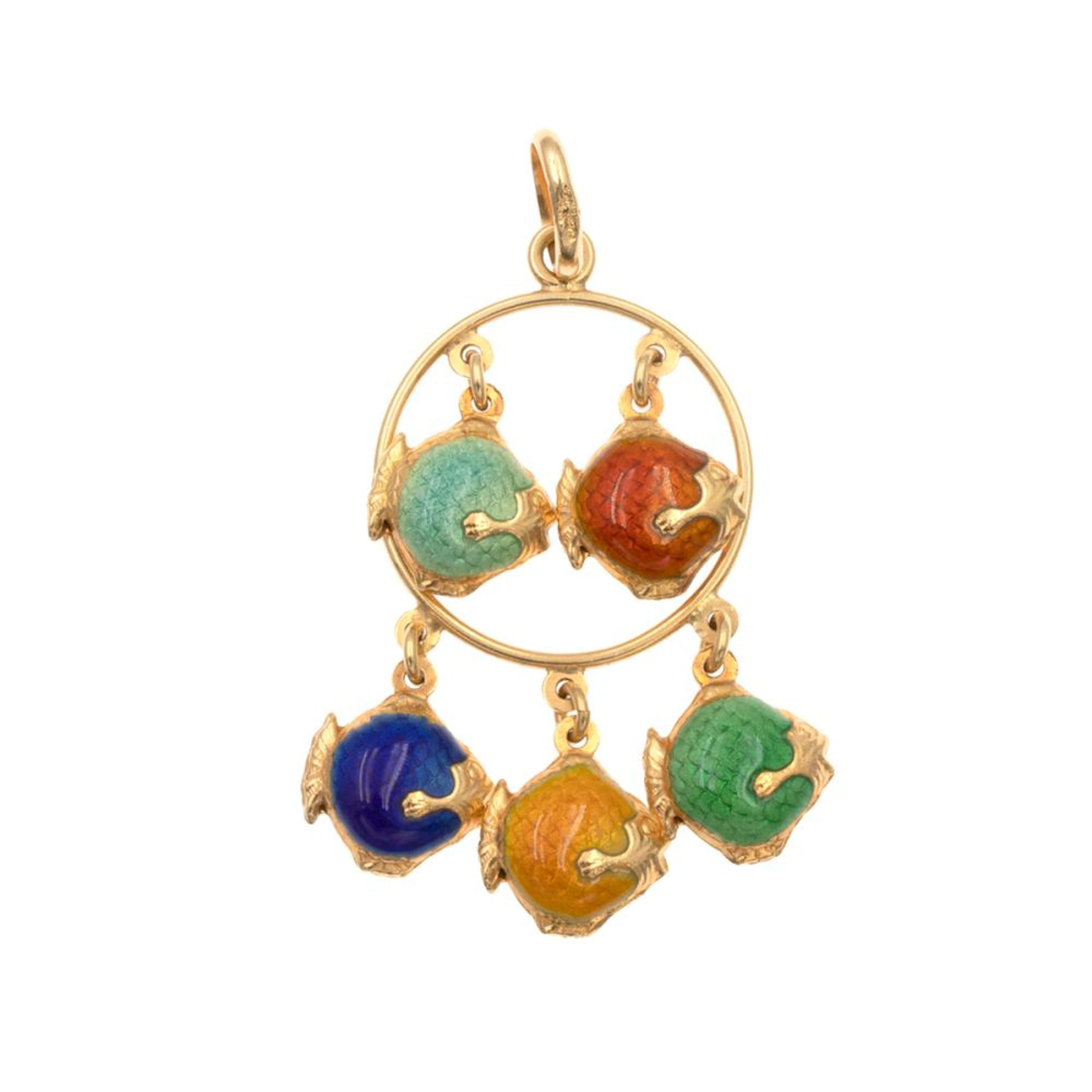 18kt yellow gold and polychrome enamel fish pendant