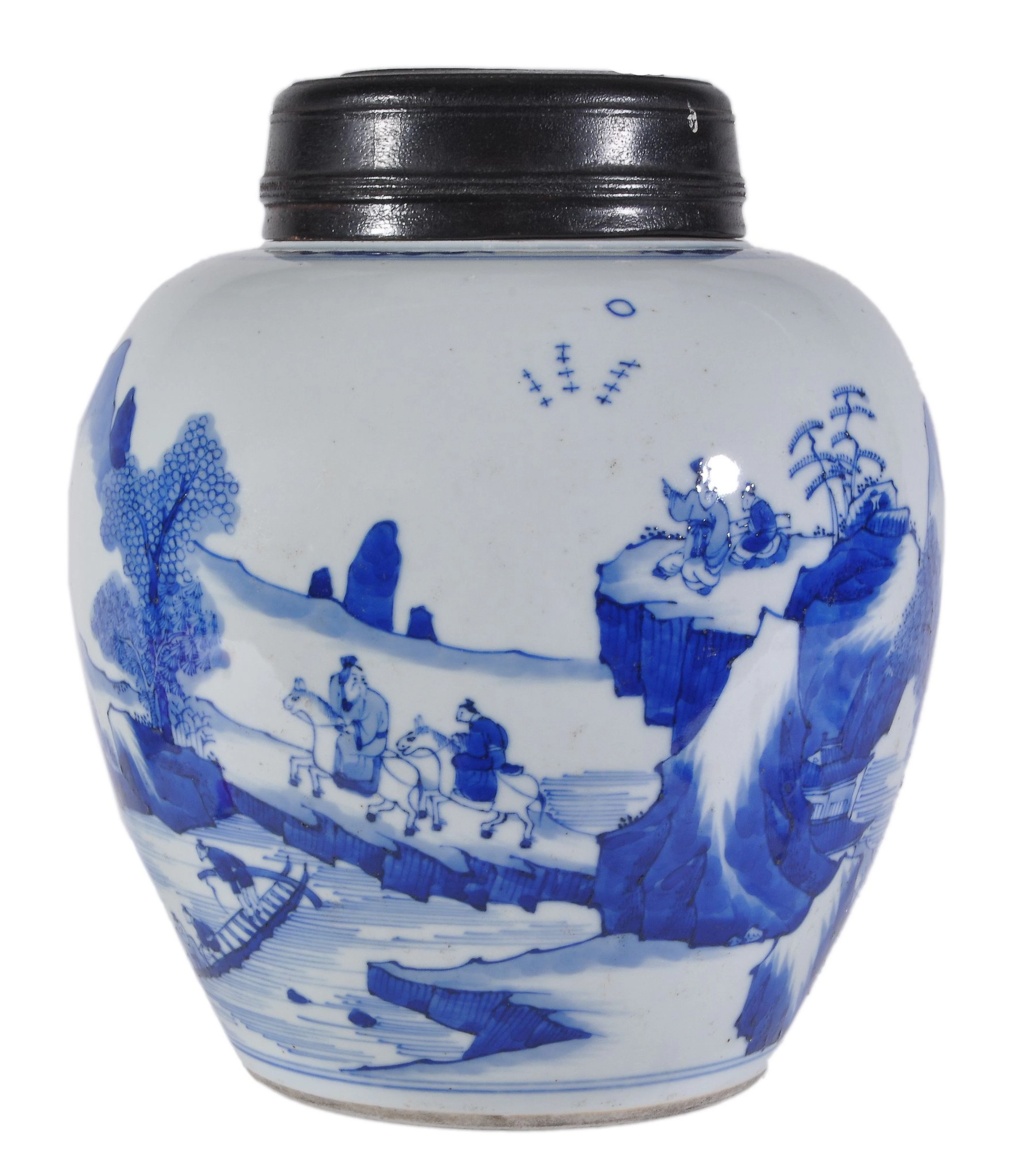 A Chinese blue and white ginger jar of typical ovoid form with short...
