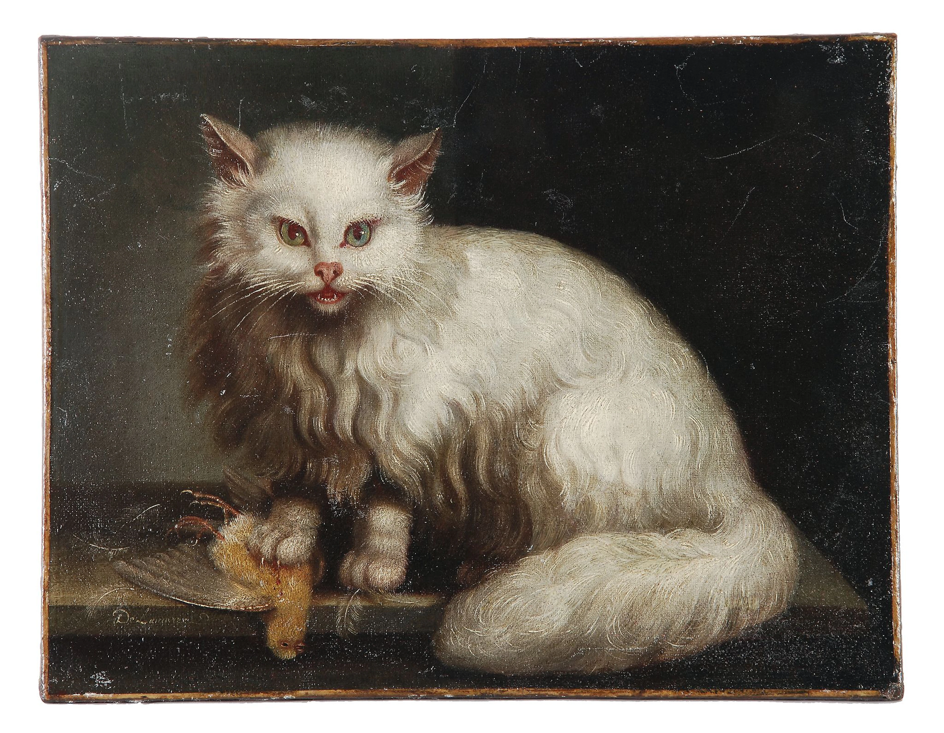 Jacques Barthelemy Delamarre (18th century) - A white Angora cat on a table top with a bird