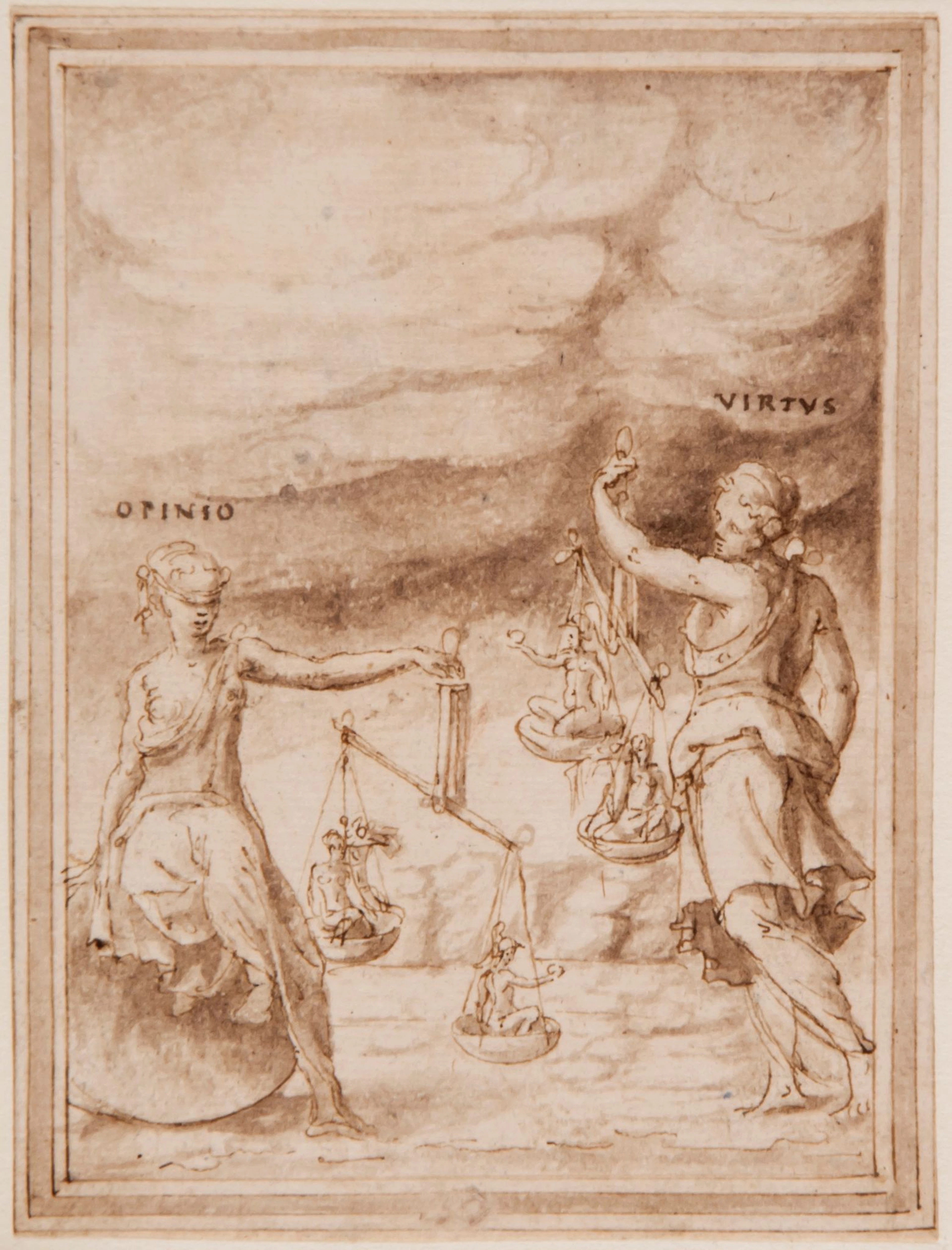 Attributed to Prospero Fontana - An allegorical personification of Opinio and Virtus, both holding scales
