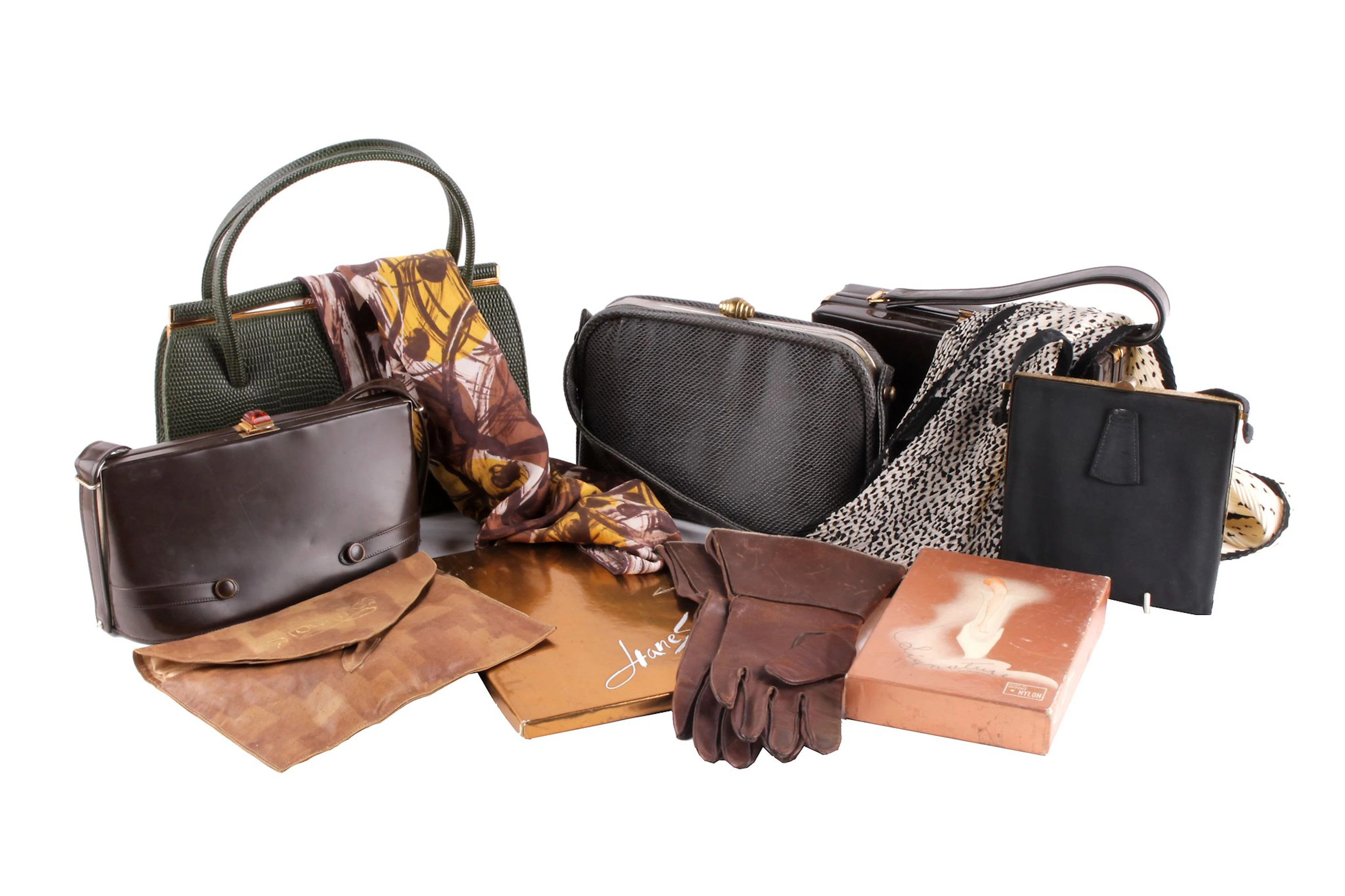 A collection of vintage shoes, handbags and accessories