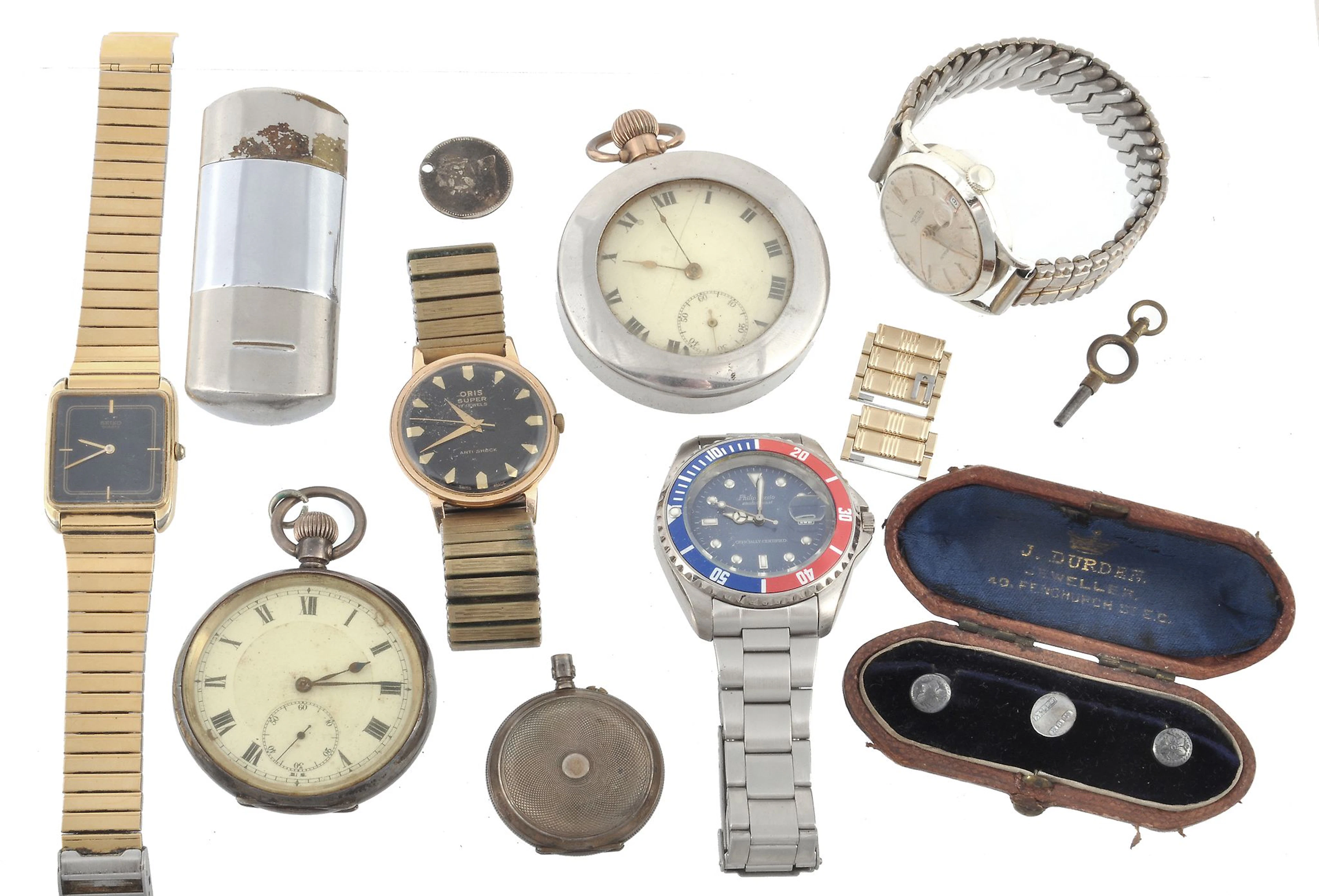A collection of items, to include: Trusty, a silver coloured hunter fob watch,