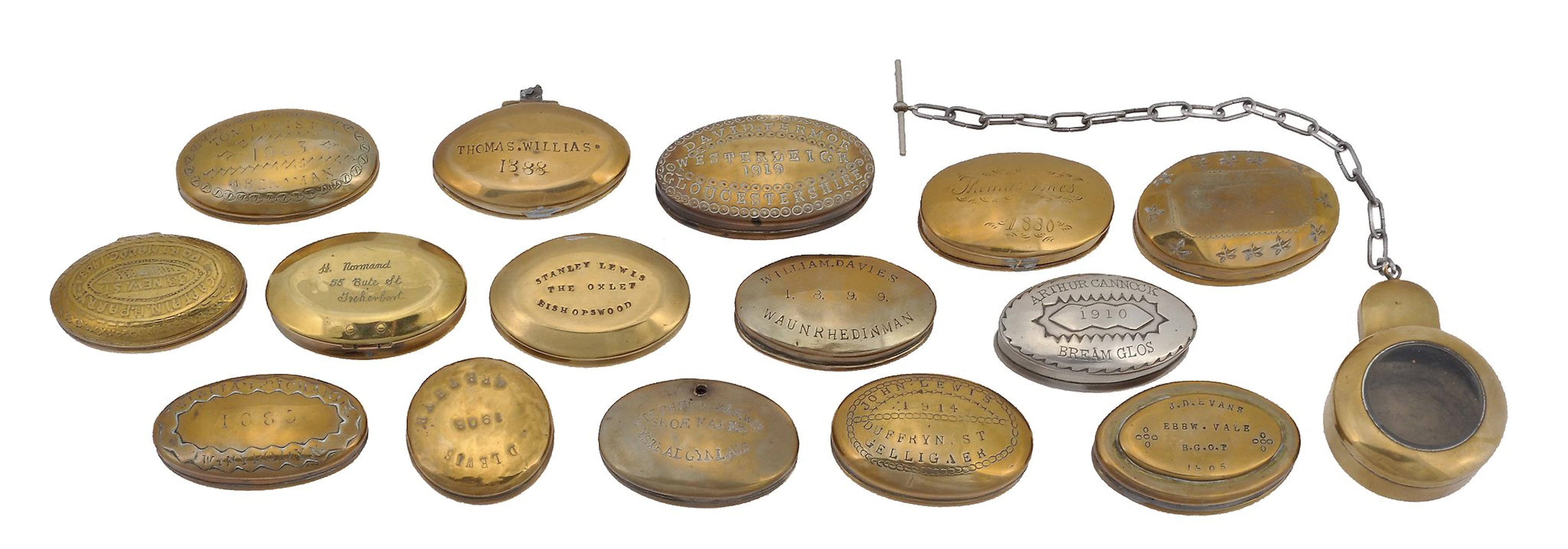 Fifteen various brass and other metal miners' snuff boxes
