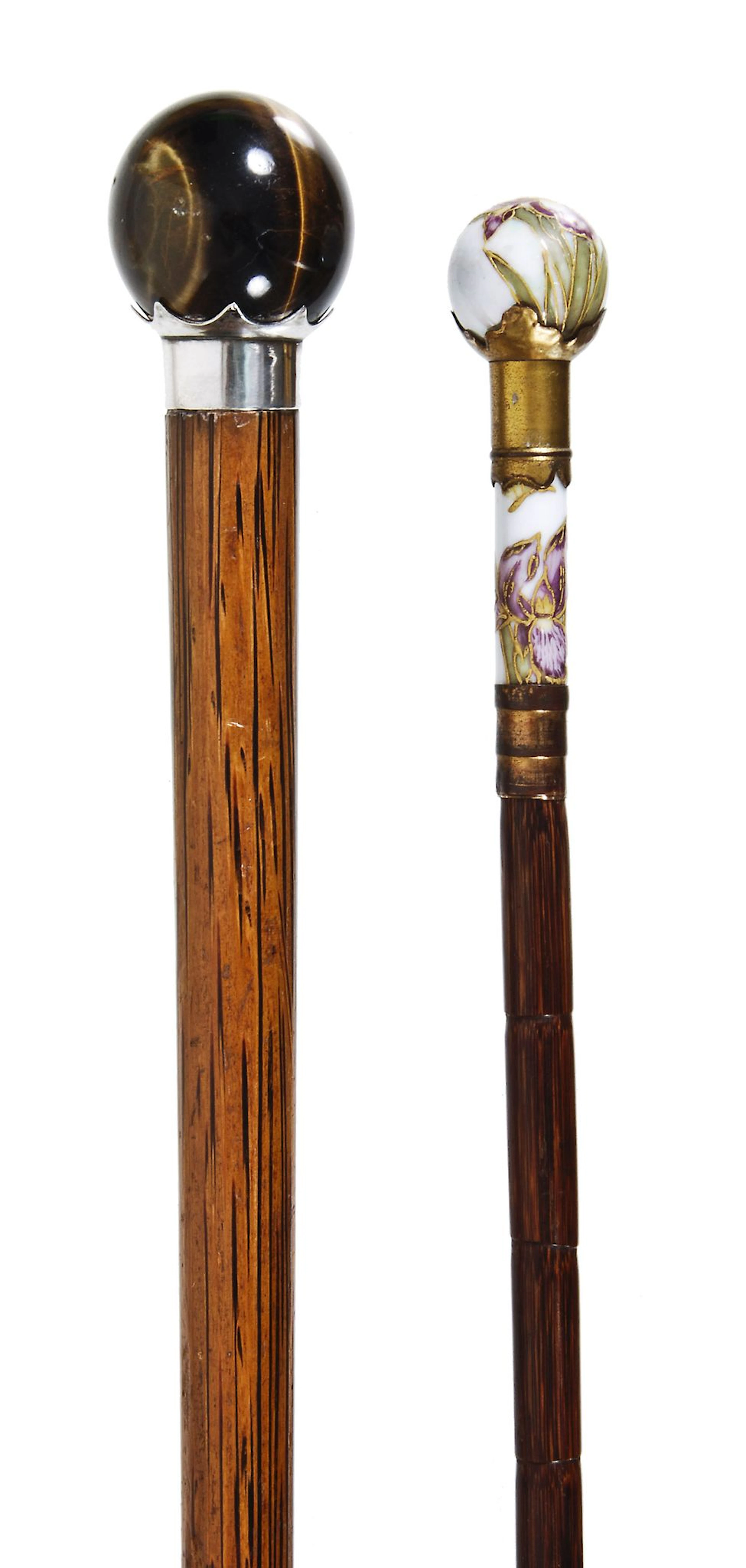 A porcelain and gilt metal mounted bamboo walking stick, probably French