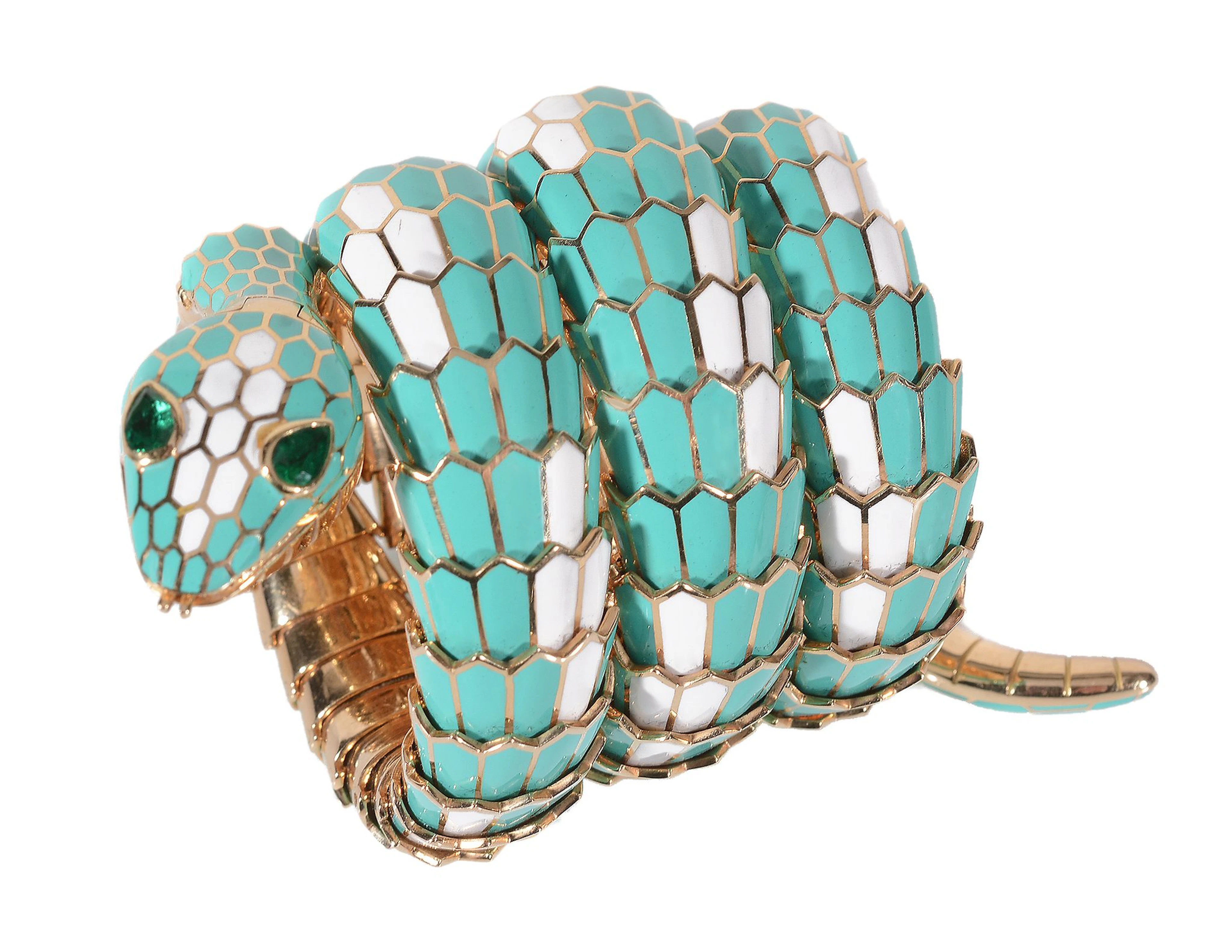 An enamel and emerald 'Serpenti' bangle wristwatch by Bulgari, circa 1968