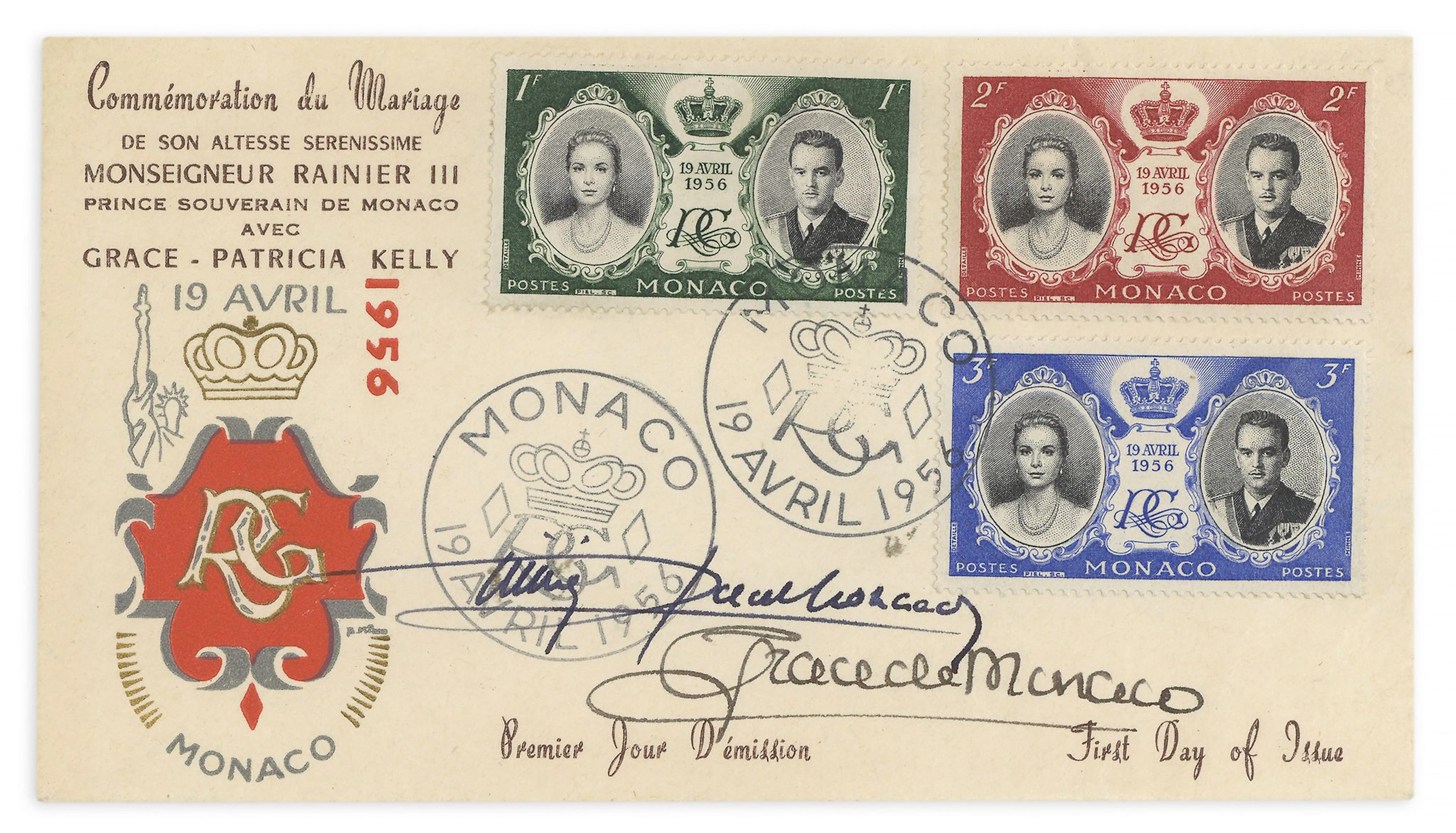 GRACE, PRINCESS OF MONACO AND PRINCE RAINIER III - First day cover with three stamps issued on April 19th