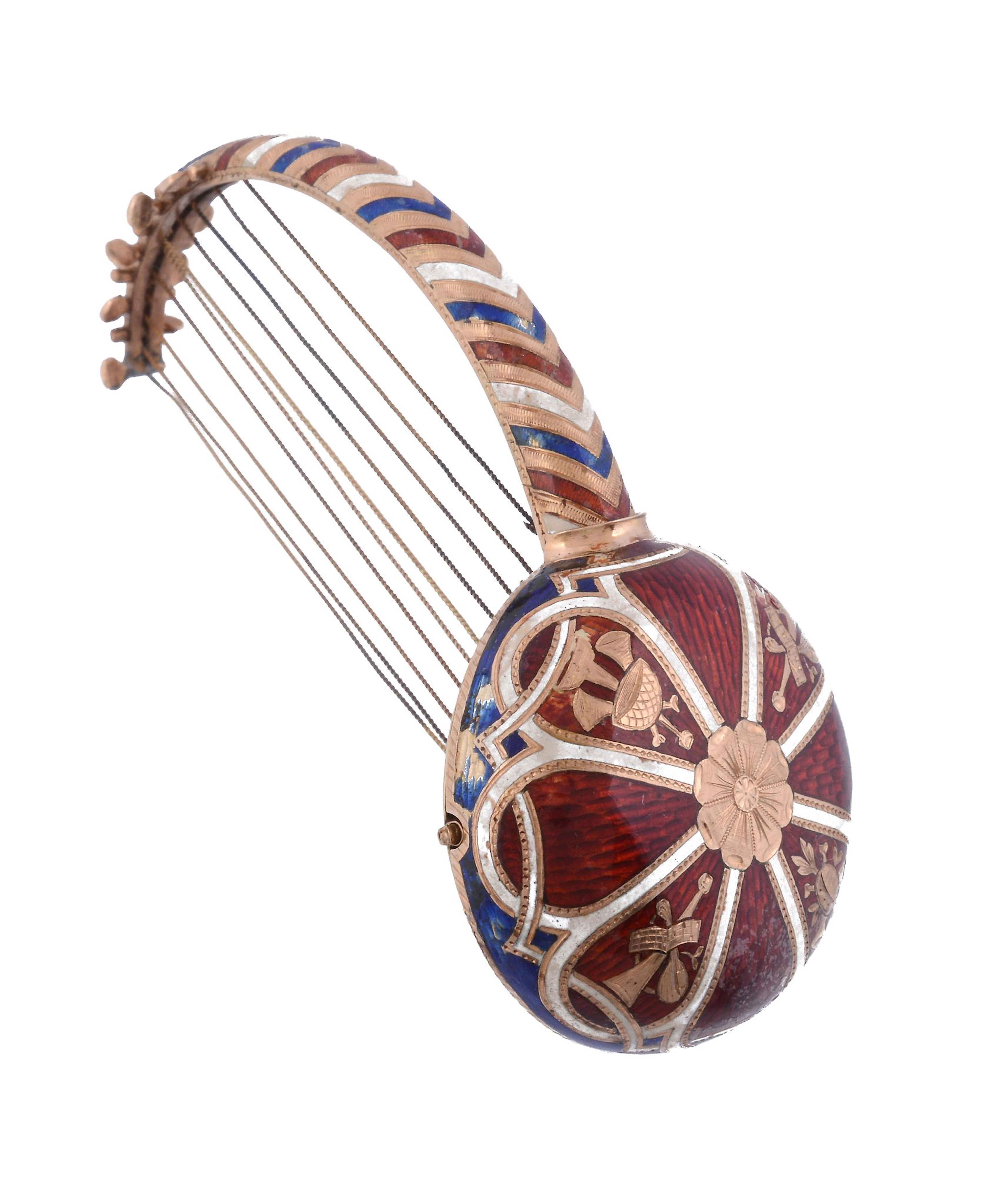 A gold enamel Harp with concealed watch, circa 1820