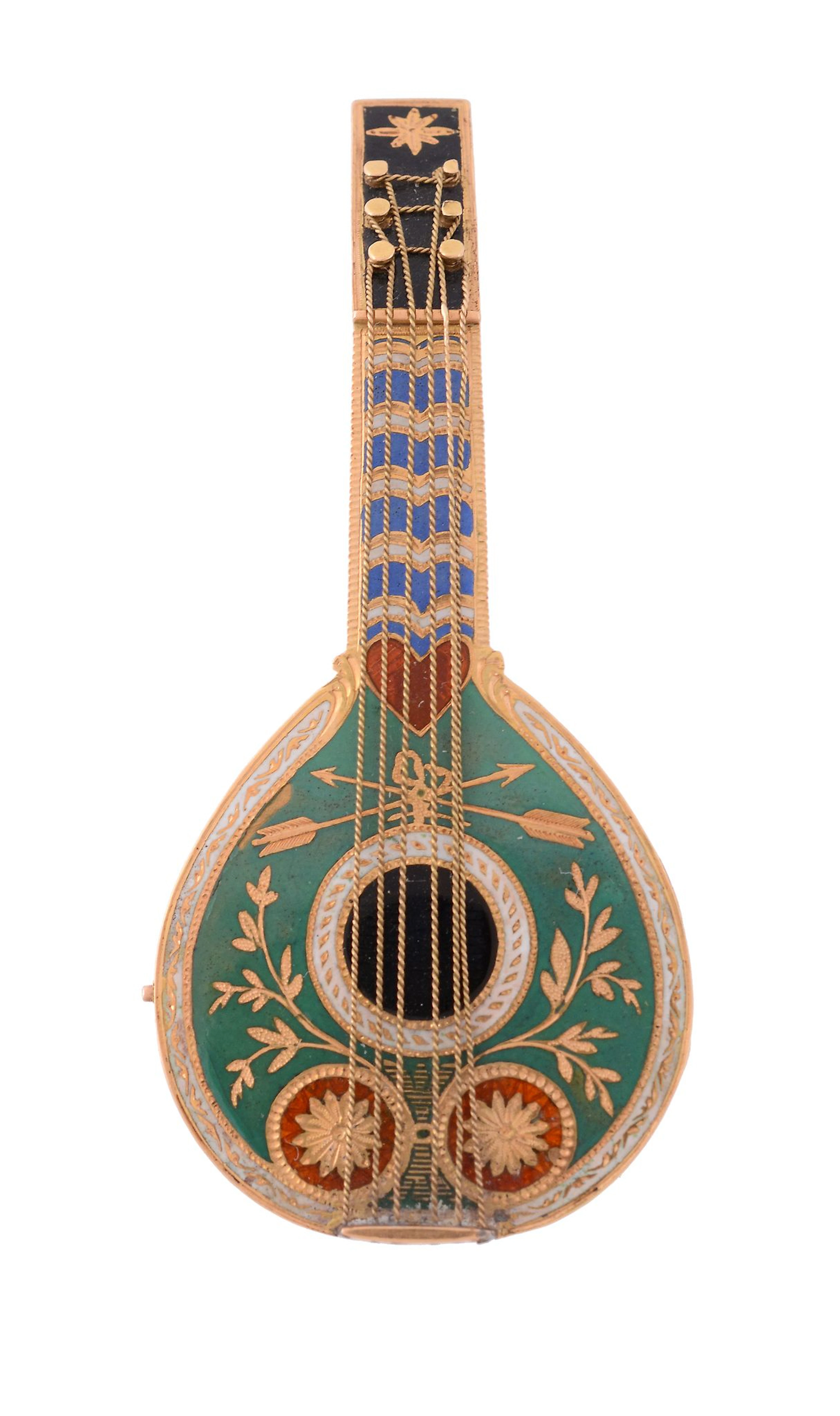 A gilt enamel Mandolin with concealed watch, circa 1820, probably Austrian