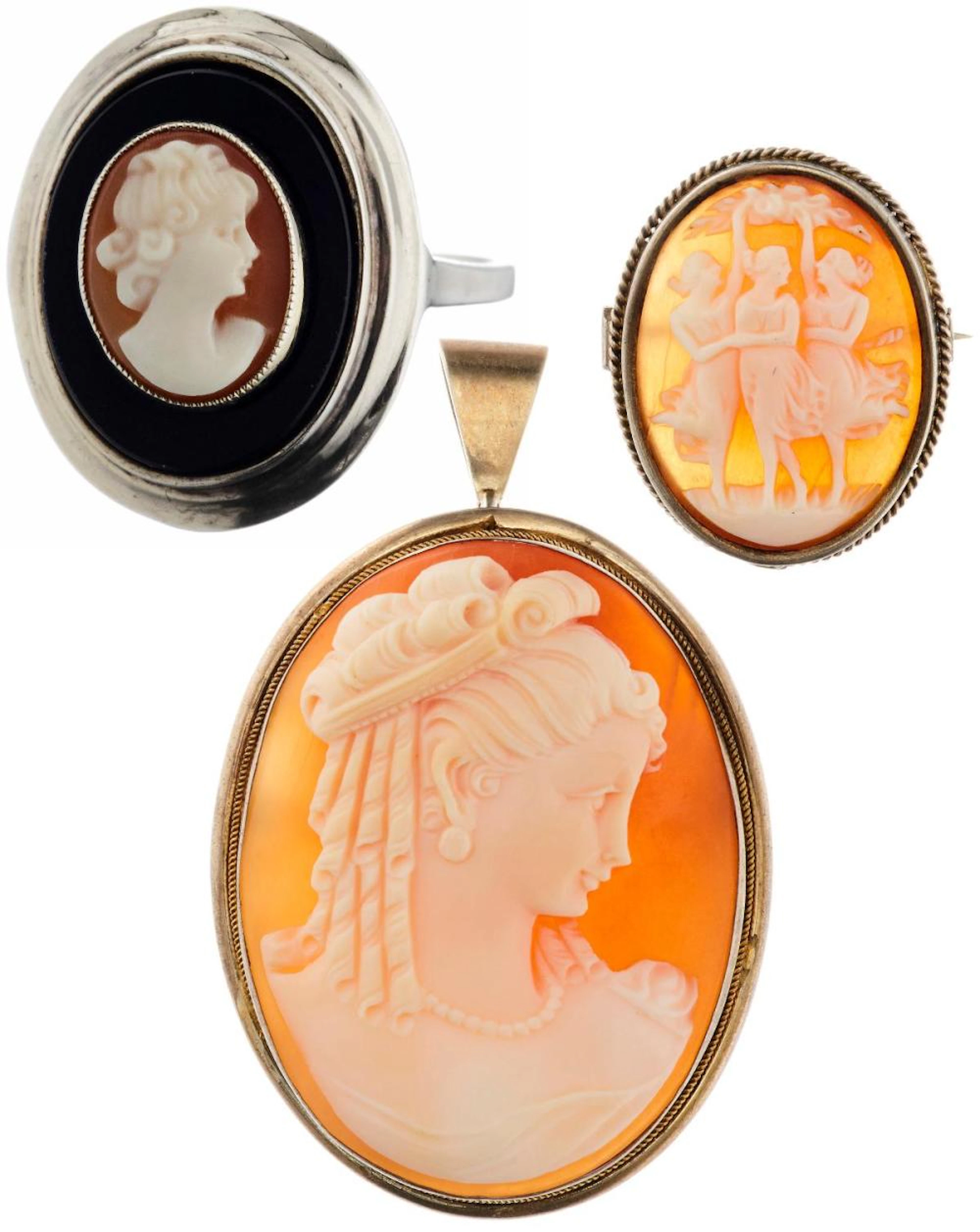 Muschel-Kamee-Brosche, -Anhänger und -Ring