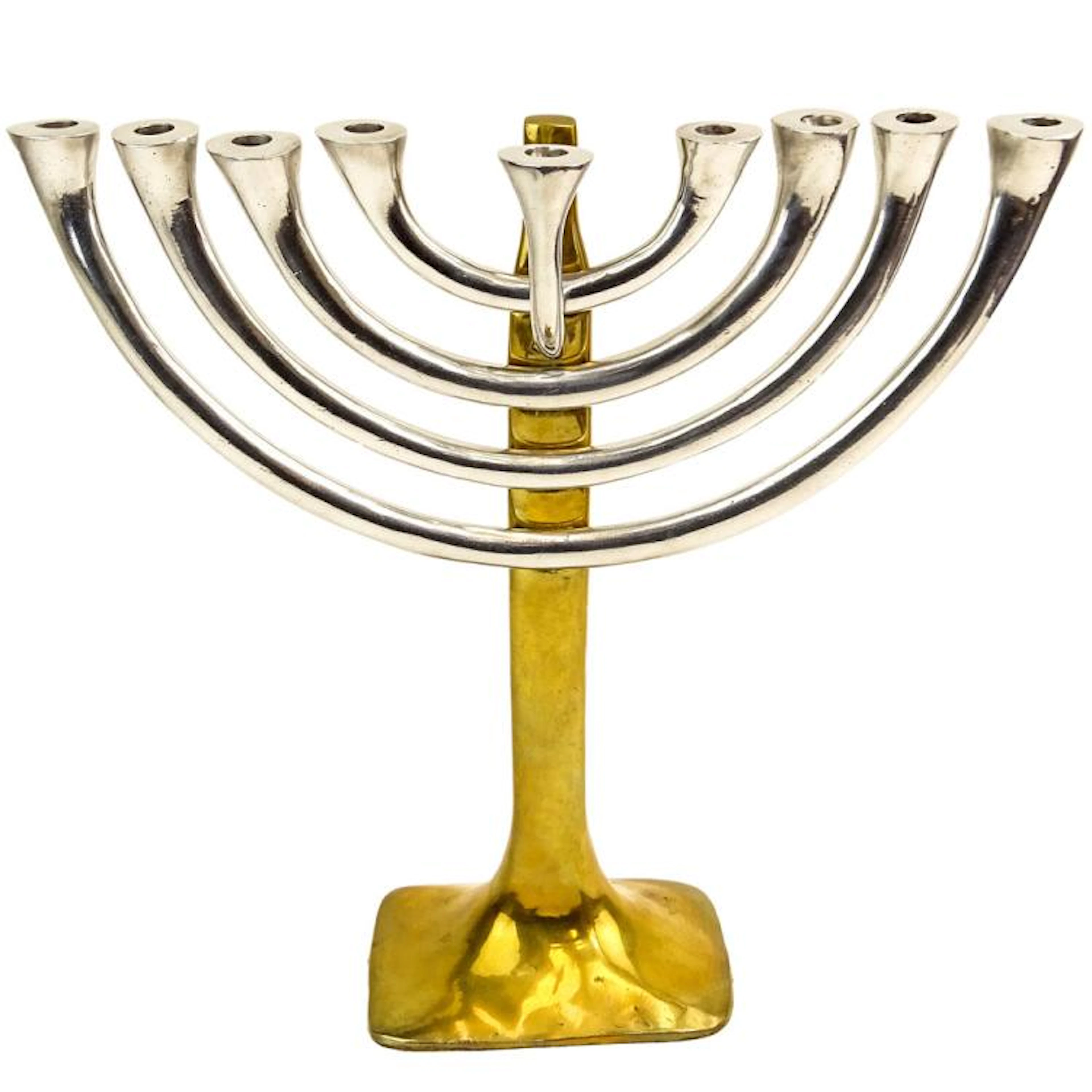 Mid Century Chrome and Brass Menorah. Unsigned. Good vintage condition. Measures 13-3/4" H x 14" W.