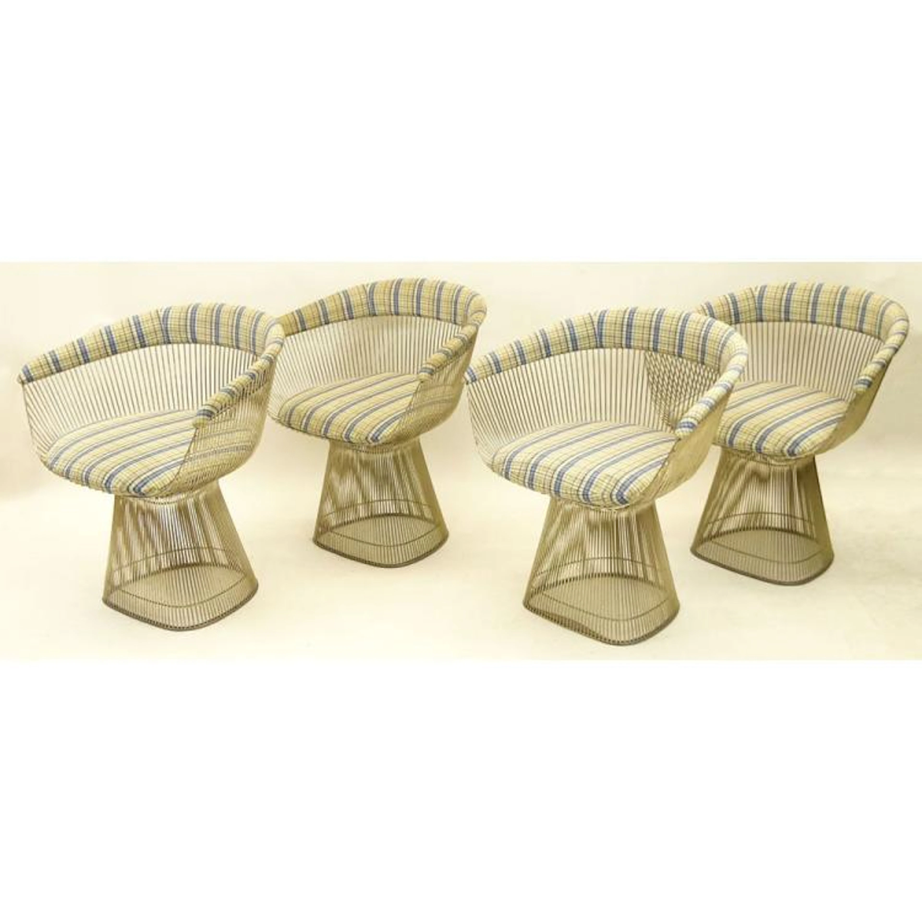 Set of Four (4) Warren Platner for Knoll Chrome Upholstered Chairs. Unsigned. Light pitting and soiled upholstery, overall good condition. Measures 29" H x 25' W x 22" D