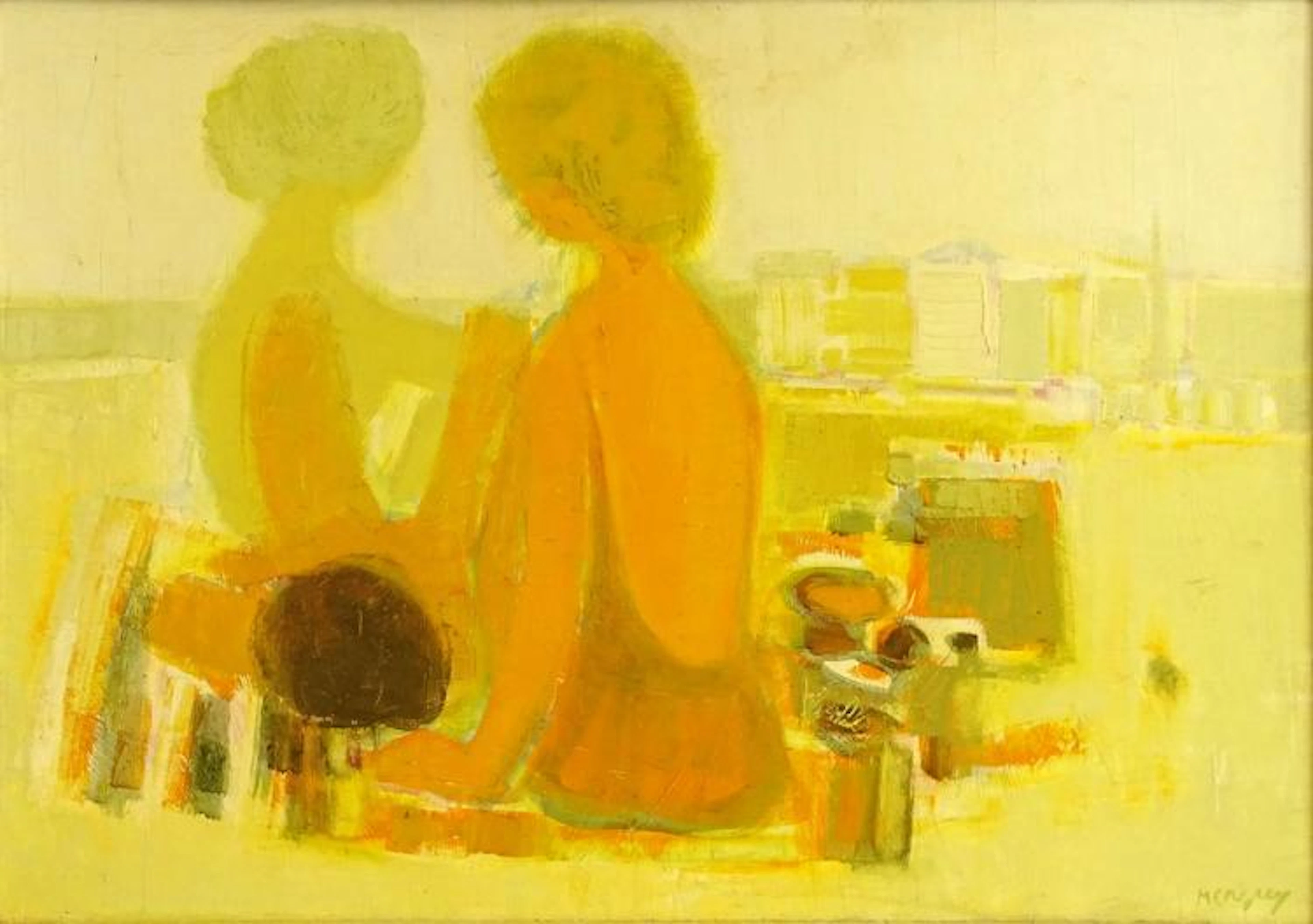 Frédéric François Menguy, French (1927-2007) Oil on masonite "Apres le Bain" 1964. Included in 2 exhibition catalogs (included). Signed lower right. Menguey. Light craquelure or in good condition. Mea