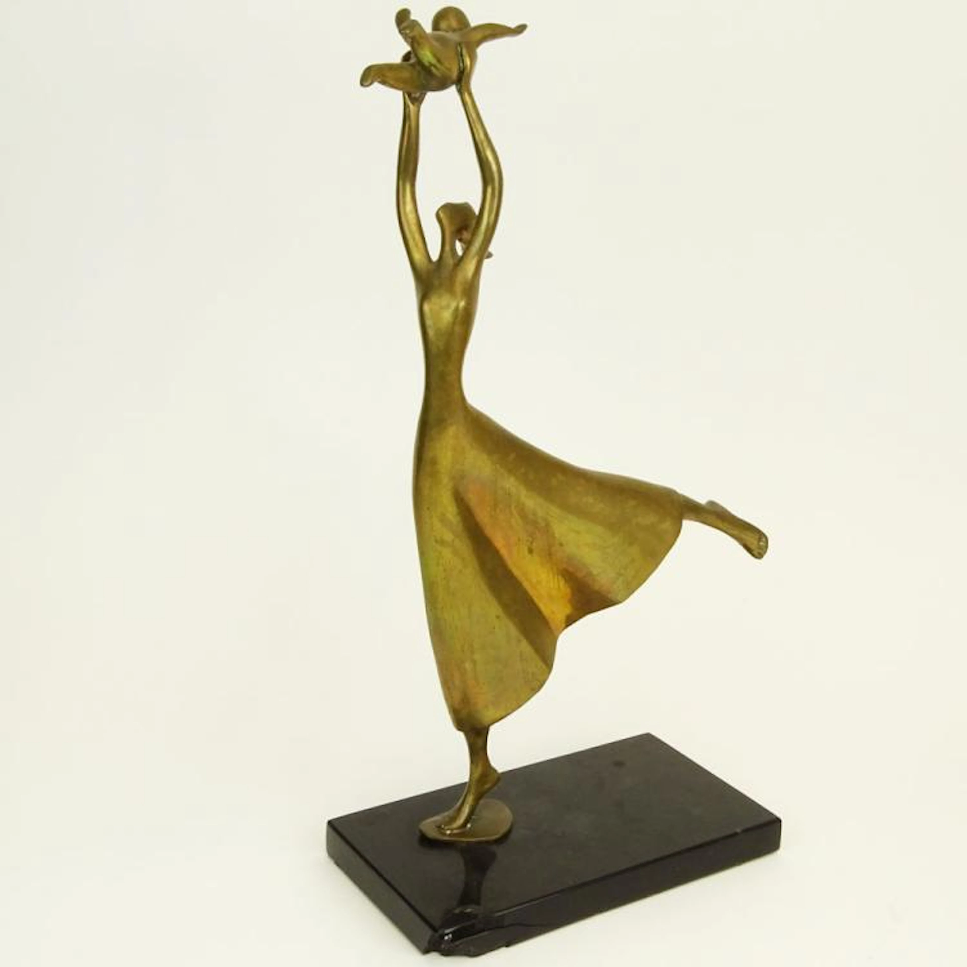 Esther Wertheimer, Canadian (20th C ) Bronze Sculpture "Dancing Mother and Child' Signed. Gold Brown Patina. Loss and damage to base corner, figure loose to base. Measures 17" H, base measures 9" x 5"