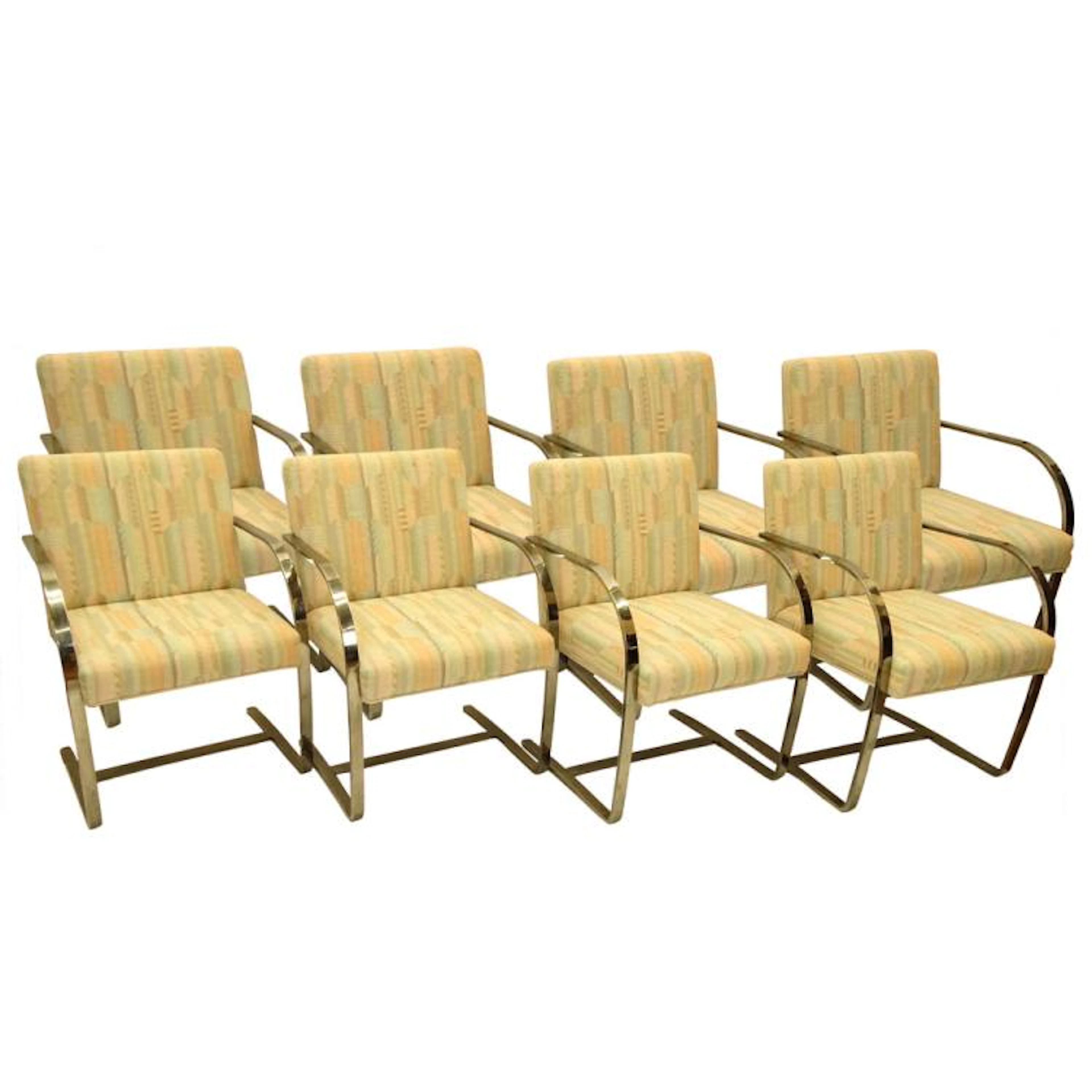 Eight (8) Mies van der Rohe style Brno Chairs. Unsigned. Minor surface wear to Chrome. Upholstery as is. Measure 33-1/2" H, 22-1/4" W, 26" D.
