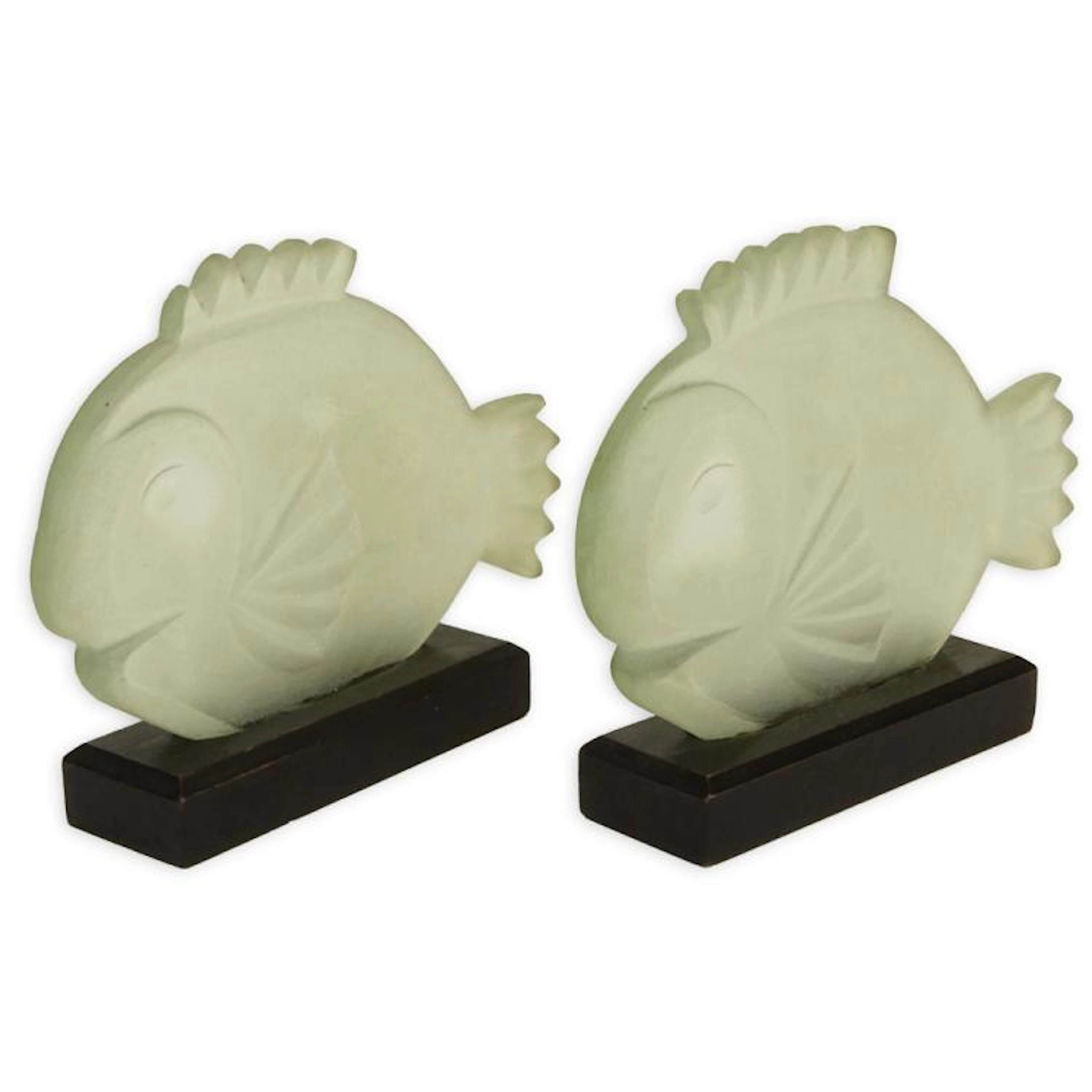 Pair Art Deco Frosted Crystal Fish Figurines in Stands. Unsigned. Small chips and light scratches from display and age. Original purchase receipt from Deco Deluxe for $800.00 accompanies this lot. Mea