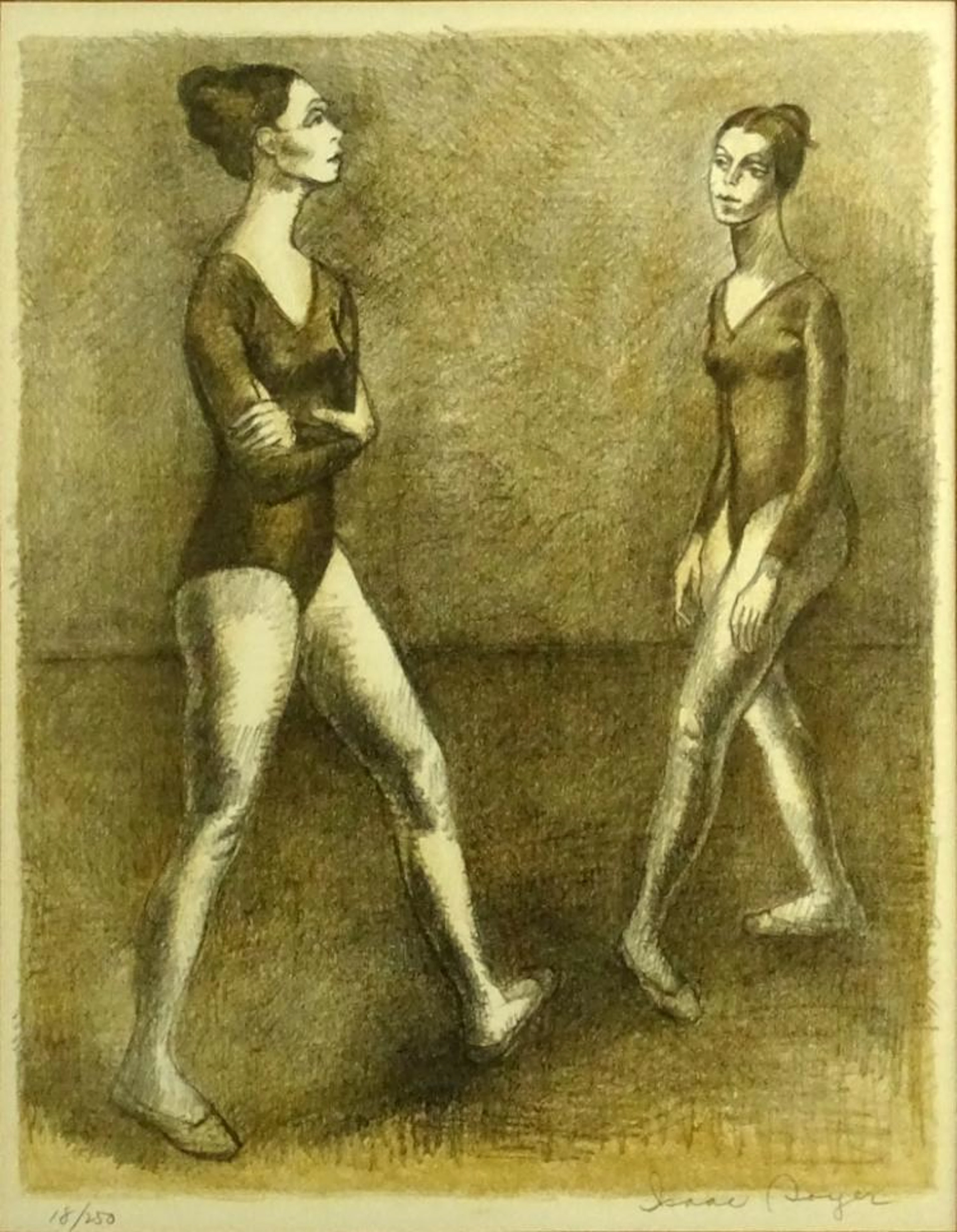 Isaac Soyer, American (1902-1981) Lithograph "Two Dancers" Signed and numbered 18/250 in pencil. Toning and light foxing. Measures 19" x 14-3/4" (sight), frame measures 24-3/4"x 20-1/4"