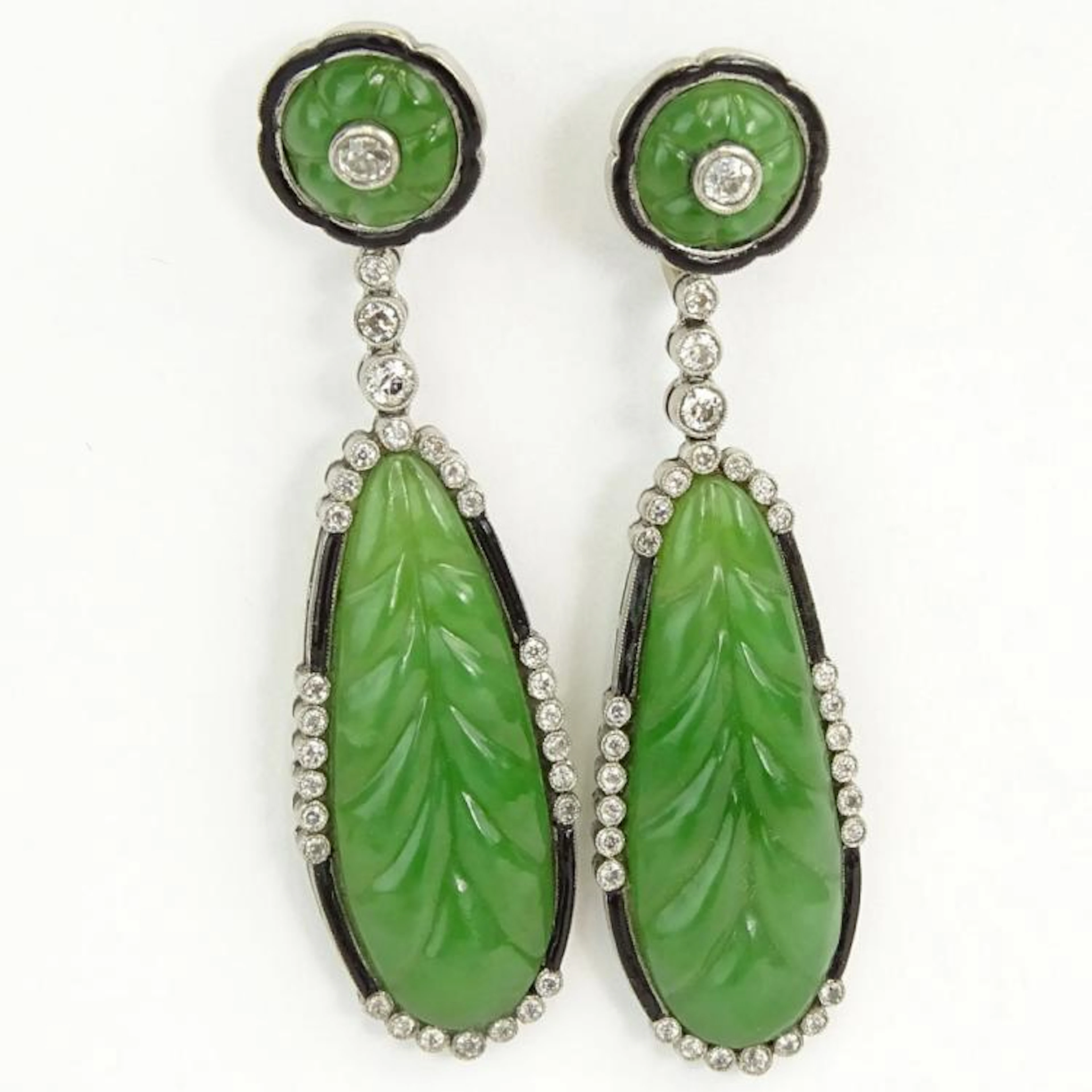 20th Century Russian Carved Jade, Approx. 1.75 Carat European Cut Diamond, Enamel and 14 Karat Gold Chandelier Earrings. Diamonds I-J color, VS2-SI clarity. Signed with maker's mark and stamped 56. Ve