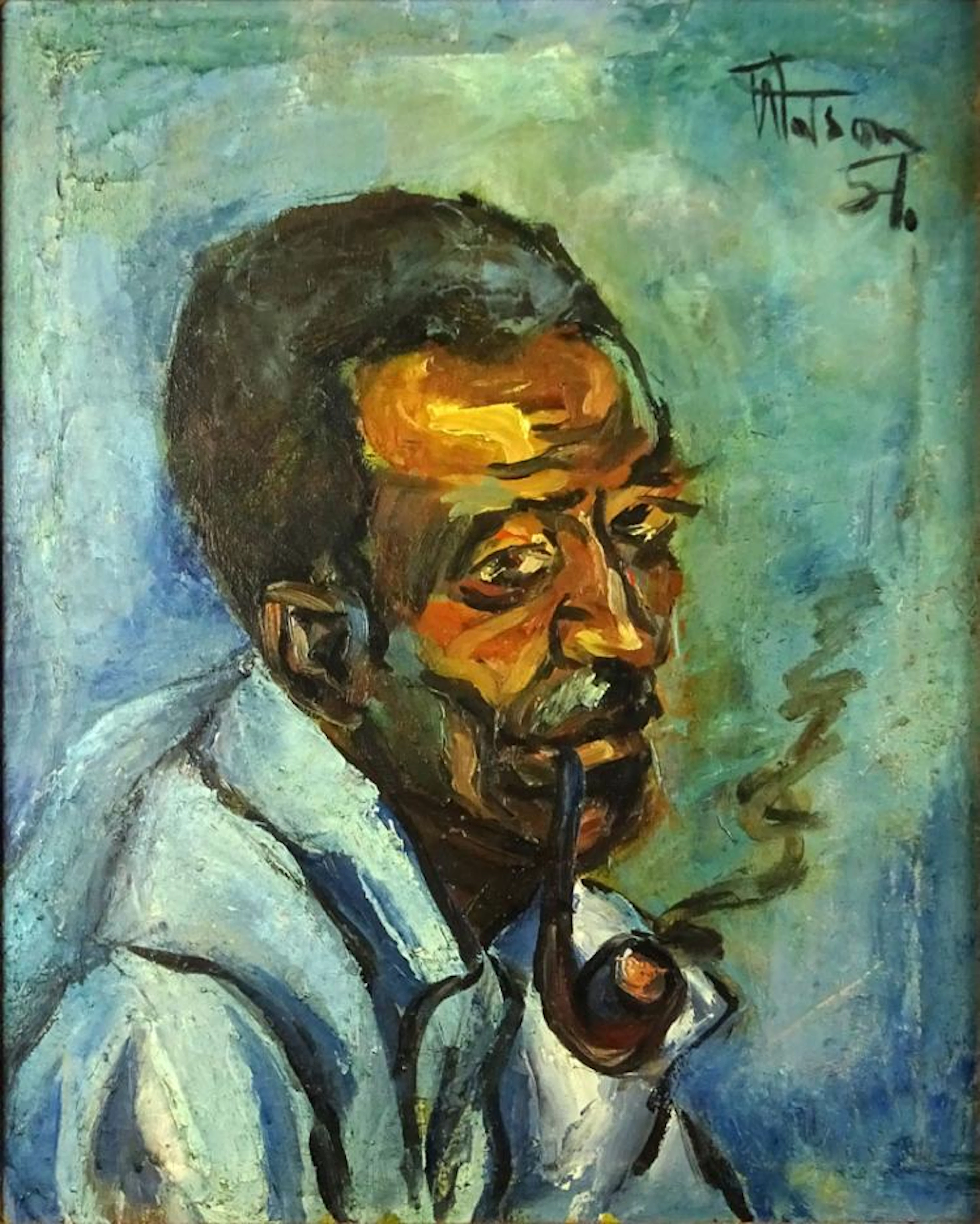 Osmond Watson, Jamaican (1934-2005) Oil on canvas "Man With Pipe" Signed Upper right '51, Inscribed and Gallery Label: Hills Galleries, Montego Bay Jamaica en verso. Good condition. Measures 20" x 16"