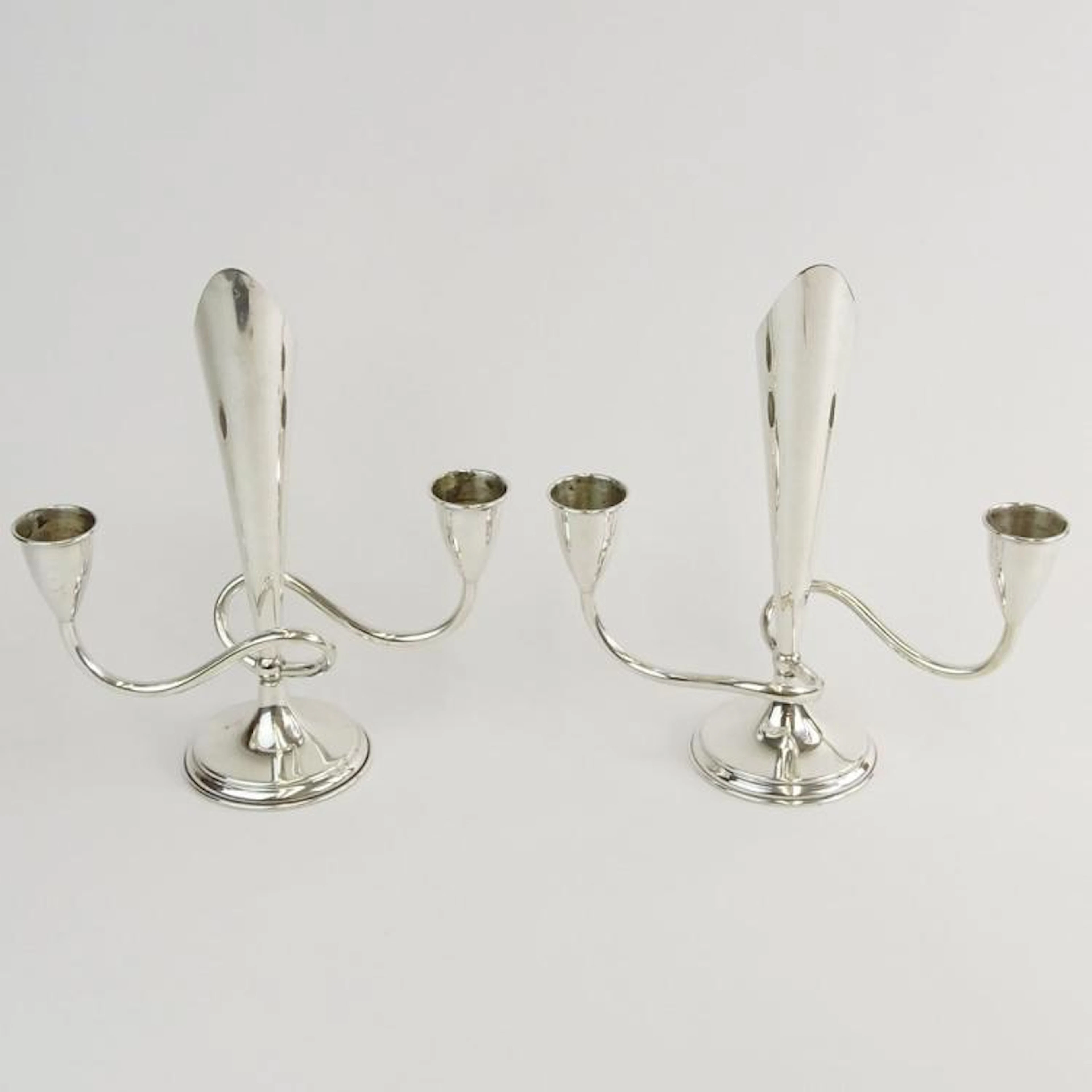Pair Vintage Sterling Silver Modern Three (3) Light Candelabra. Signed Sterling Silver Hecho en Mexico. Good condition. Measures 9-1/4" H x 8-1/2" W. Weighs approx 14.64 troy ounces