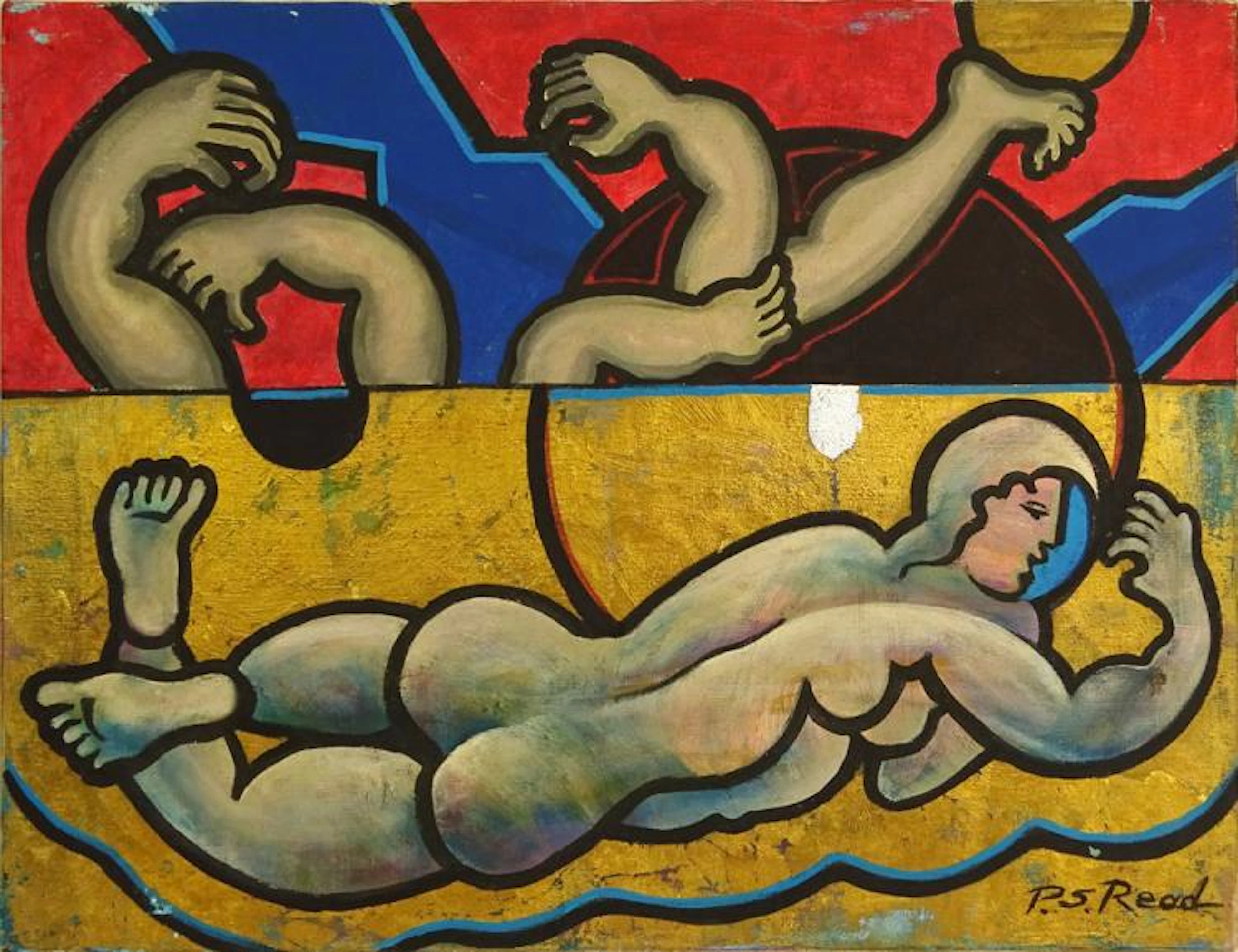 Philip Standish Read, American (1927-2000) Oil and Gold Leaf on Canvas "Reclining Nude" Signed Lower Right PS Read. Good condition. Measures 18" x 24"