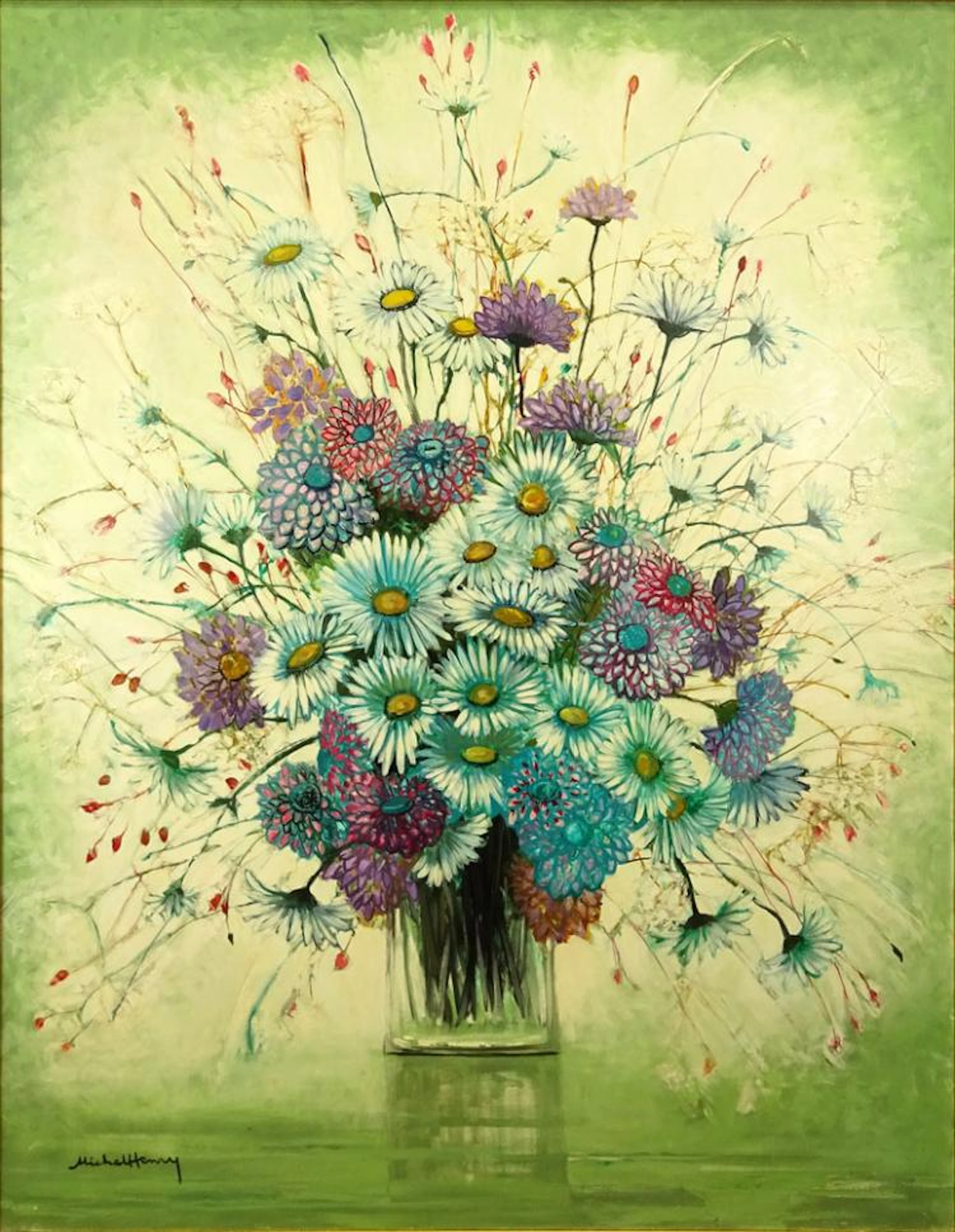 Michel Henry, French (b.1928) Large oil on canvas "Still Life". Signed Lower Left. Very Good Condition. Measures 58" x 44-1/2", frame measures 62-1/2" x 49-3/4"