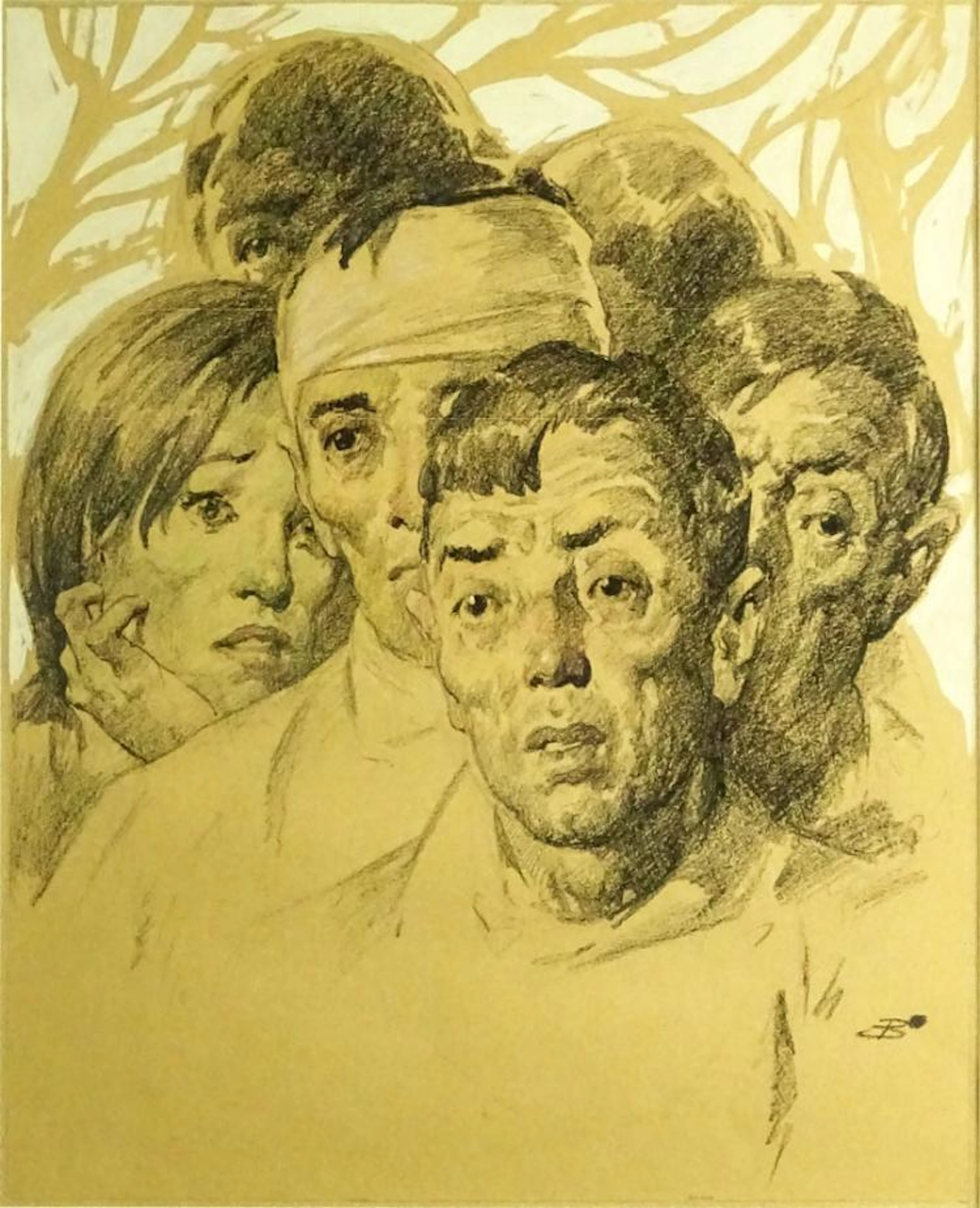 attributed to: George Bellows, American (1882-1925) Charcoal and gouache illustration. Initialed lower right GB. Toning from age or in good condition. 21-3/4" x 17-1/4" (sight), frame measures 28-1/4"