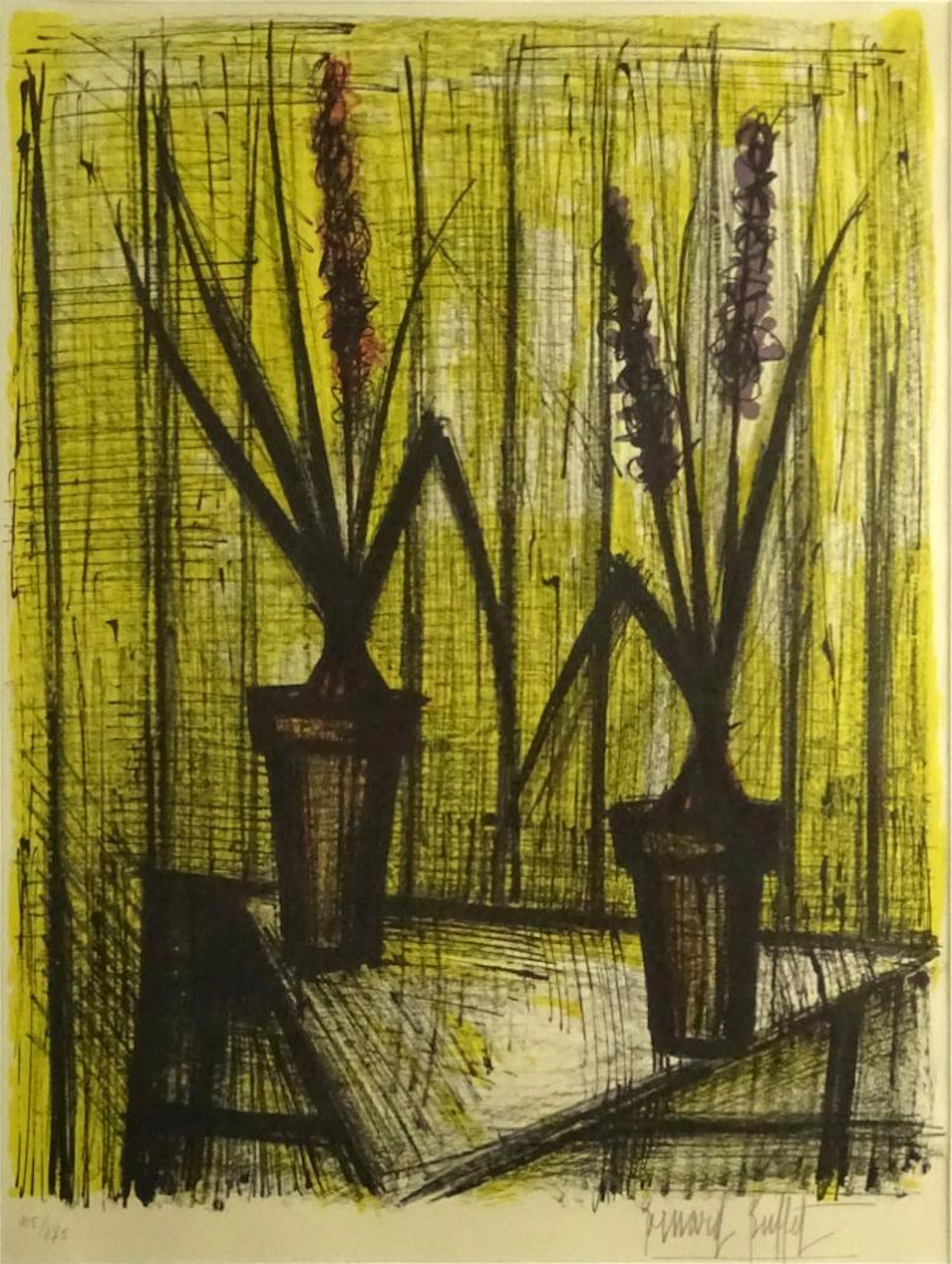 Bernard Buffet, French (1928-1999) Color lithograph "Two Vases With Flowers" Signed and numbered 105/195 in pencil. Toning from age. Measures 27-1/2" x 20-1/2", frame measures 36" x 27-5/8"