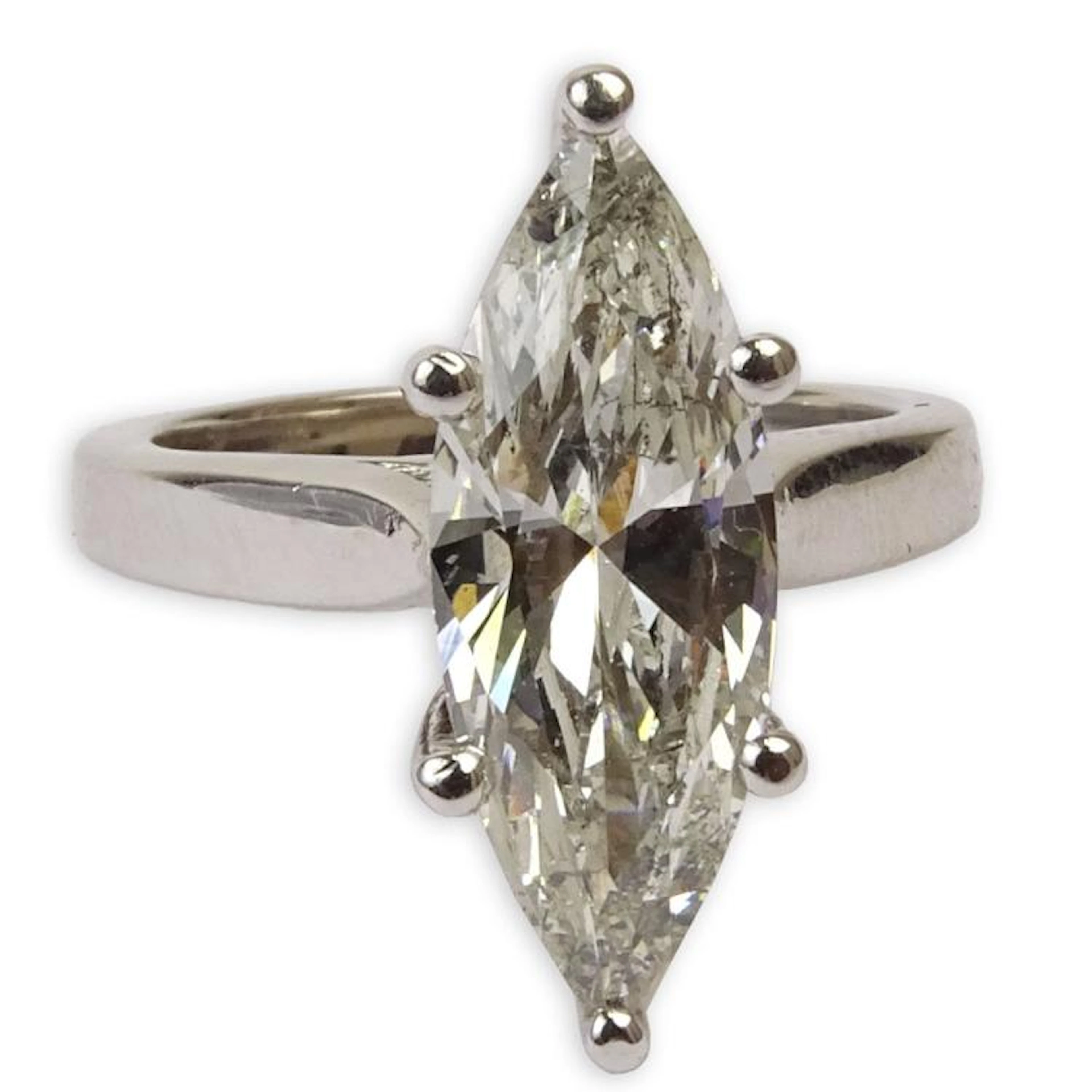 Approx. 3.14 Carat Marquis Cut Diamond and 14 Karat White Gold Engagement Ring. Diamond I-J color, SI2 clarity. Signed 14K. Very good condition. Ring size 6-1/2. Approx. weight 4.10 pennyweights