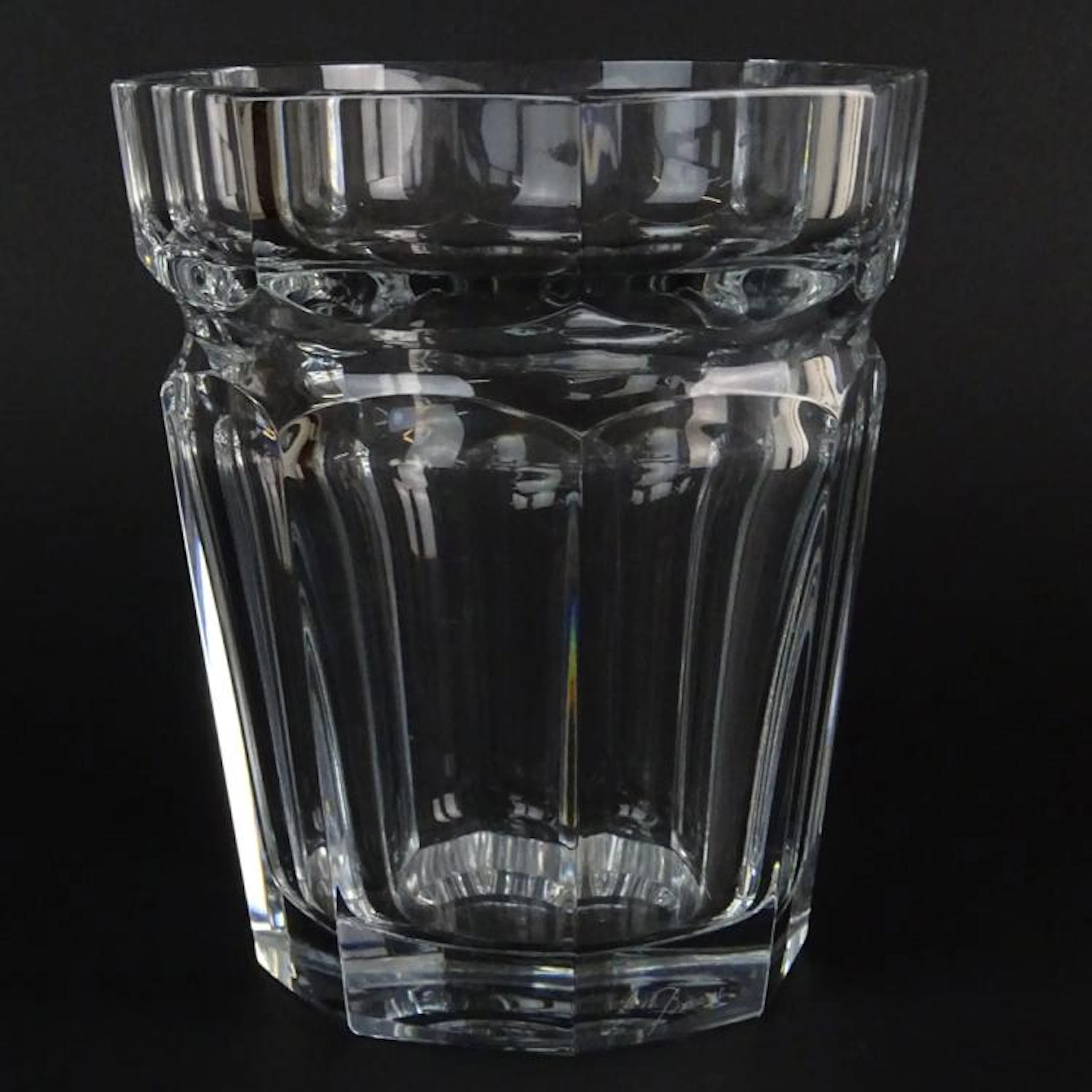 Baccarat Crystal Harcourt Ice Bucket. Signed. Minor surface scratches to base otherwise good condition. Measures 9" H, 7-3/8" W.