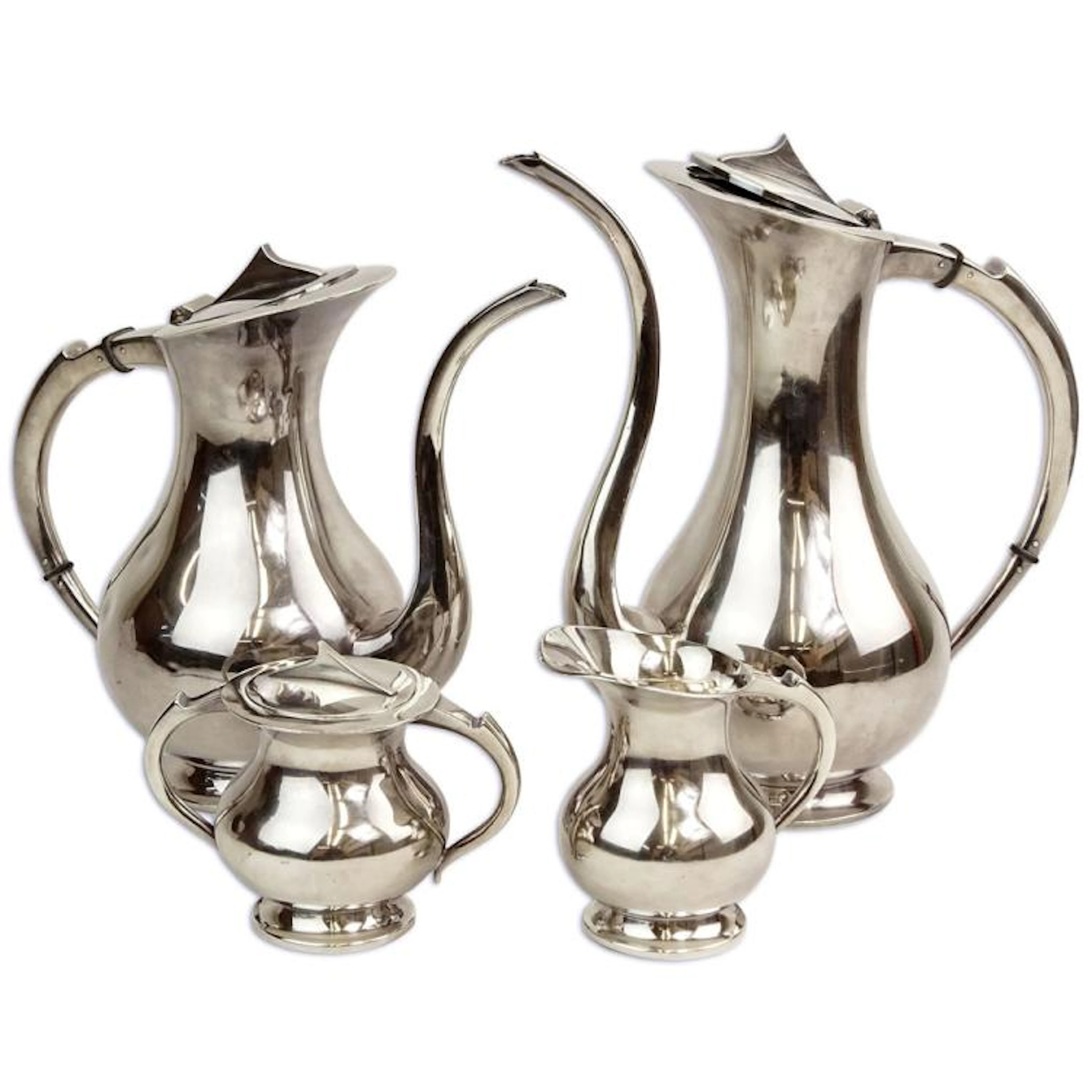 Modernist 950 Sterling Silver Coffee and Tea Service. Includes coffee pot, tea pot, creamer, sugar. Signed 950 Sterling. Dings and scratches. Coffee pot measures 11-1/4". Weighs approx. 68.53 troy oun