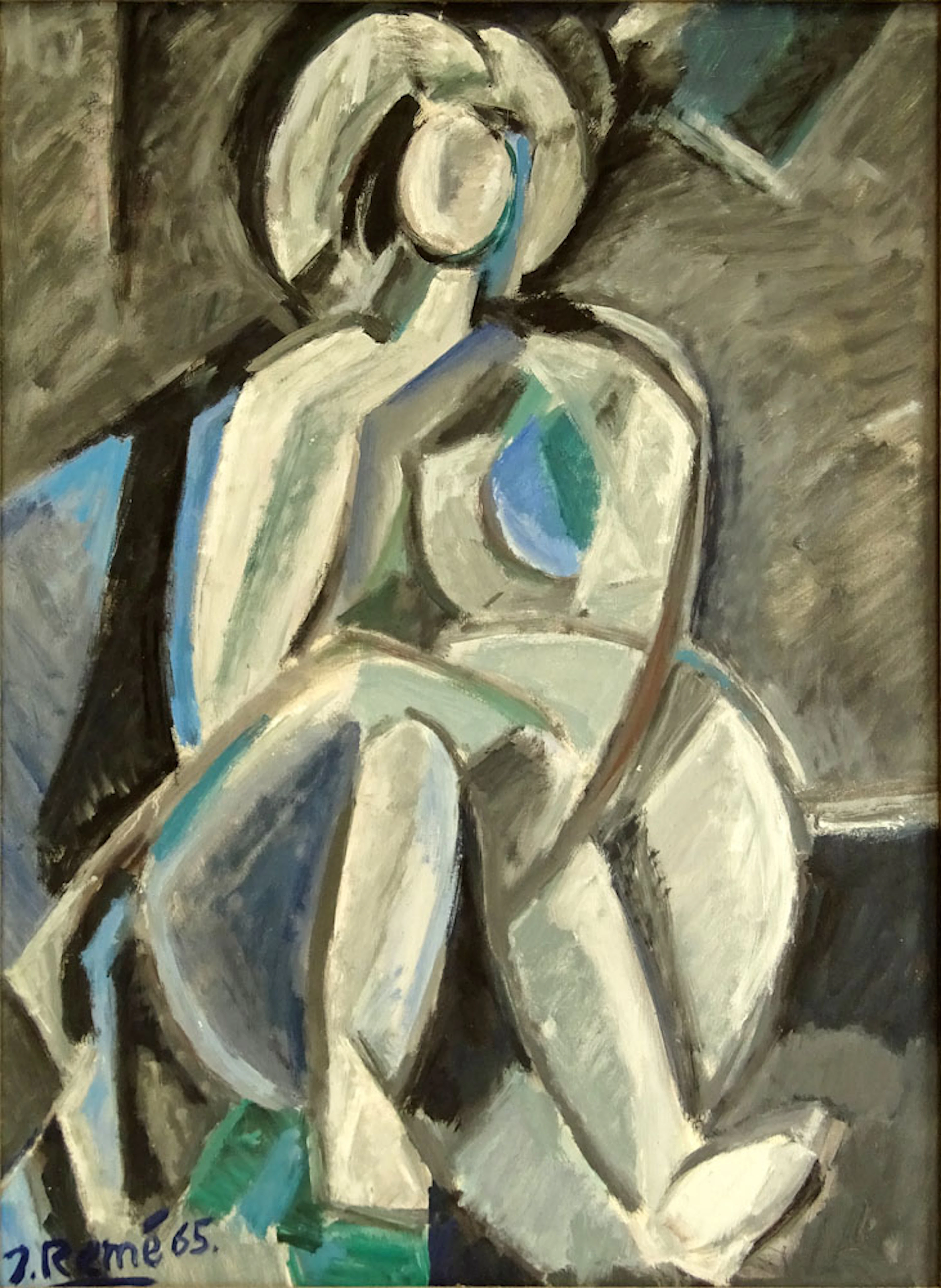 Jorg Reme, Scandinavian (born 1941) oil on canvas Figural Abstract Signed and dated lower left J Reme 65. Good condition. Measures 30-1/2 x 23, frame measures 35-1/8 x 26-5/8