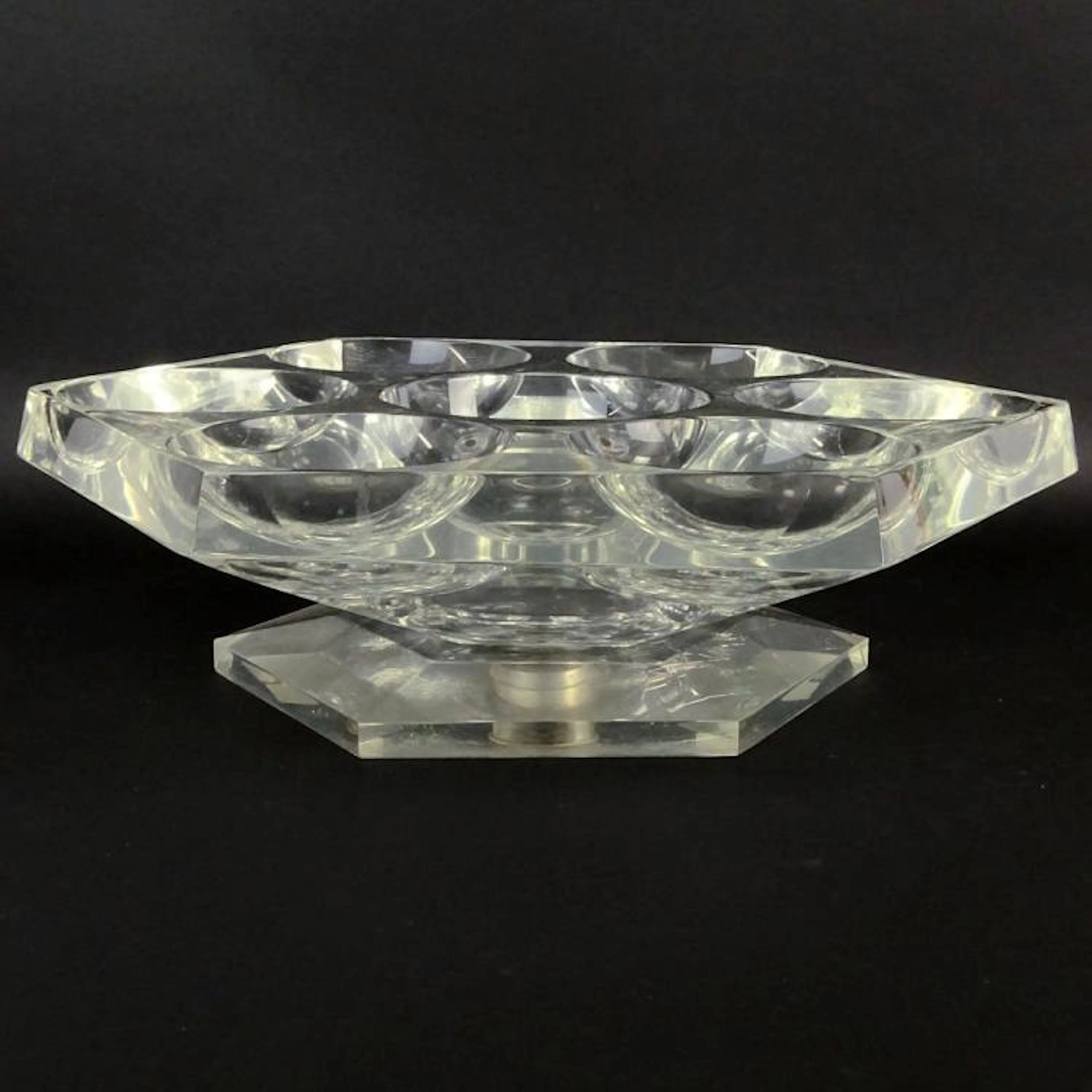 Mid Century Modern Heavy Lucite Lazy Susan Server. 7 bowls. Unsigned. Penny glued to center bowl, light wear and scratches from use. Measures 16-1/2" dia, 5-1/8" H
