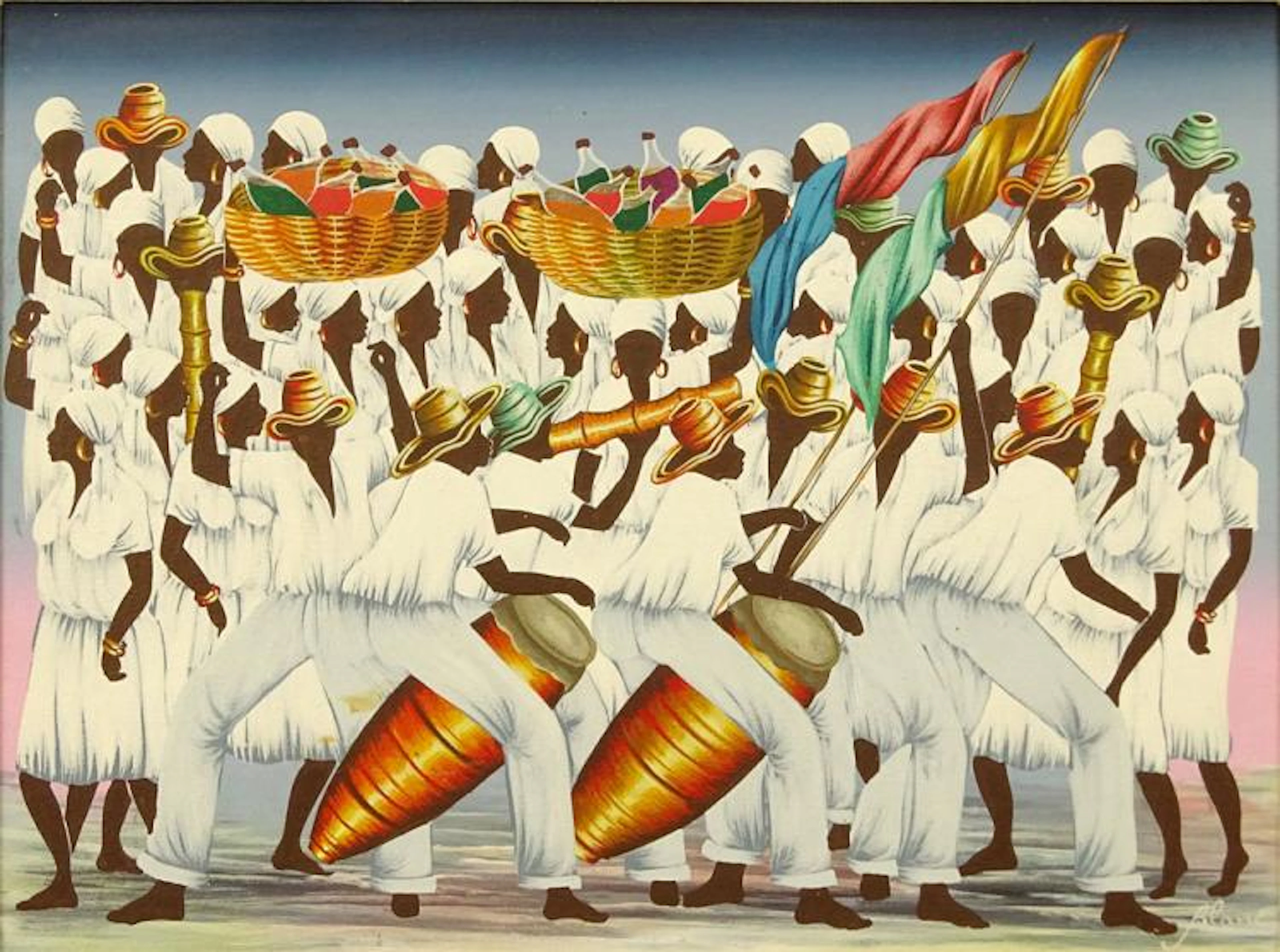 Jean-Claude Blanc, Haitian (20th-21st cent) Acrylic on Canvas, Musical Procession. Signed lower right. Good condition. Measures 12" H, 16" W; frame measures 14-1/4" H, 18-1/4" W