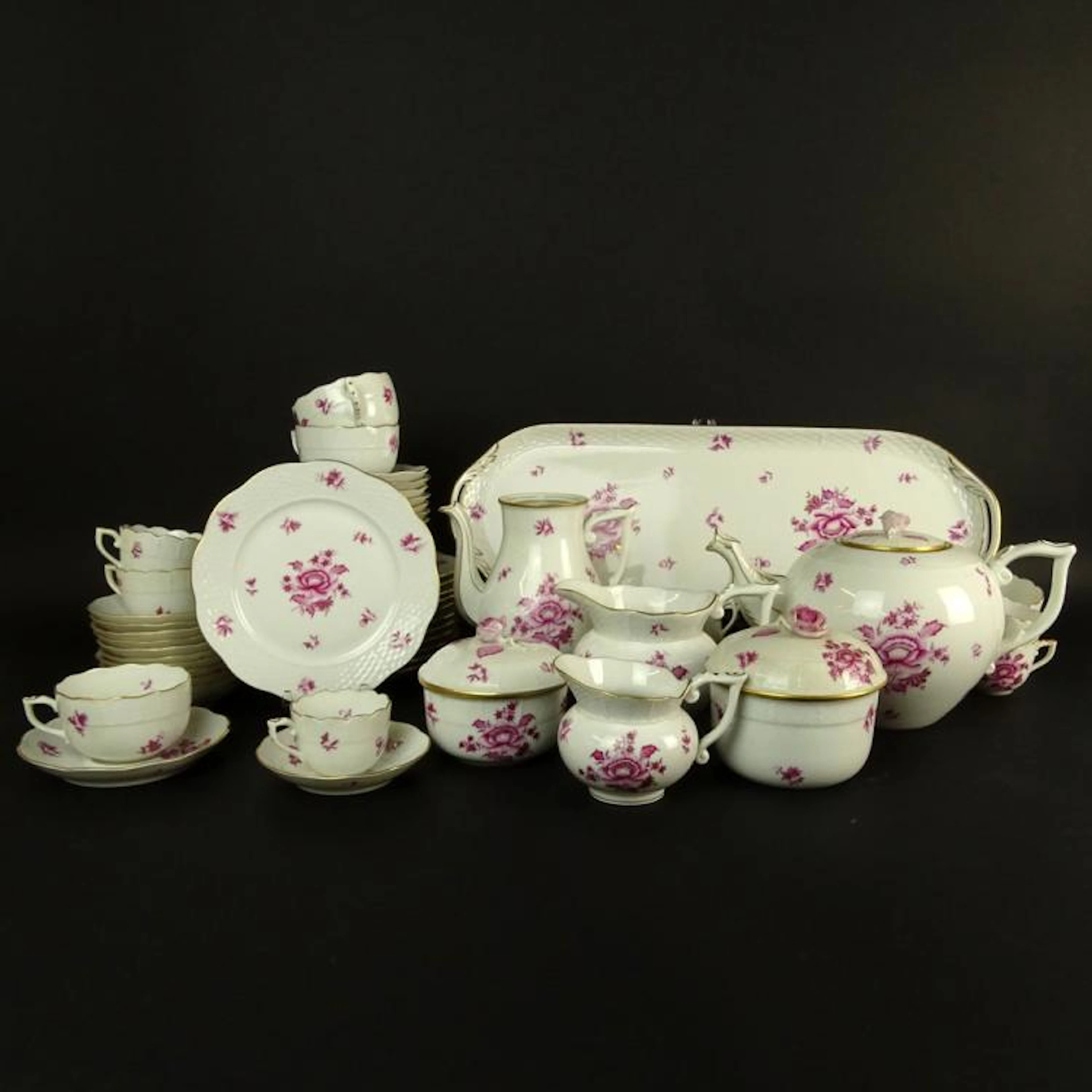 Sixty-Six (66) Piece Herend Nanking Bouquet Pink Partial Dessert Set