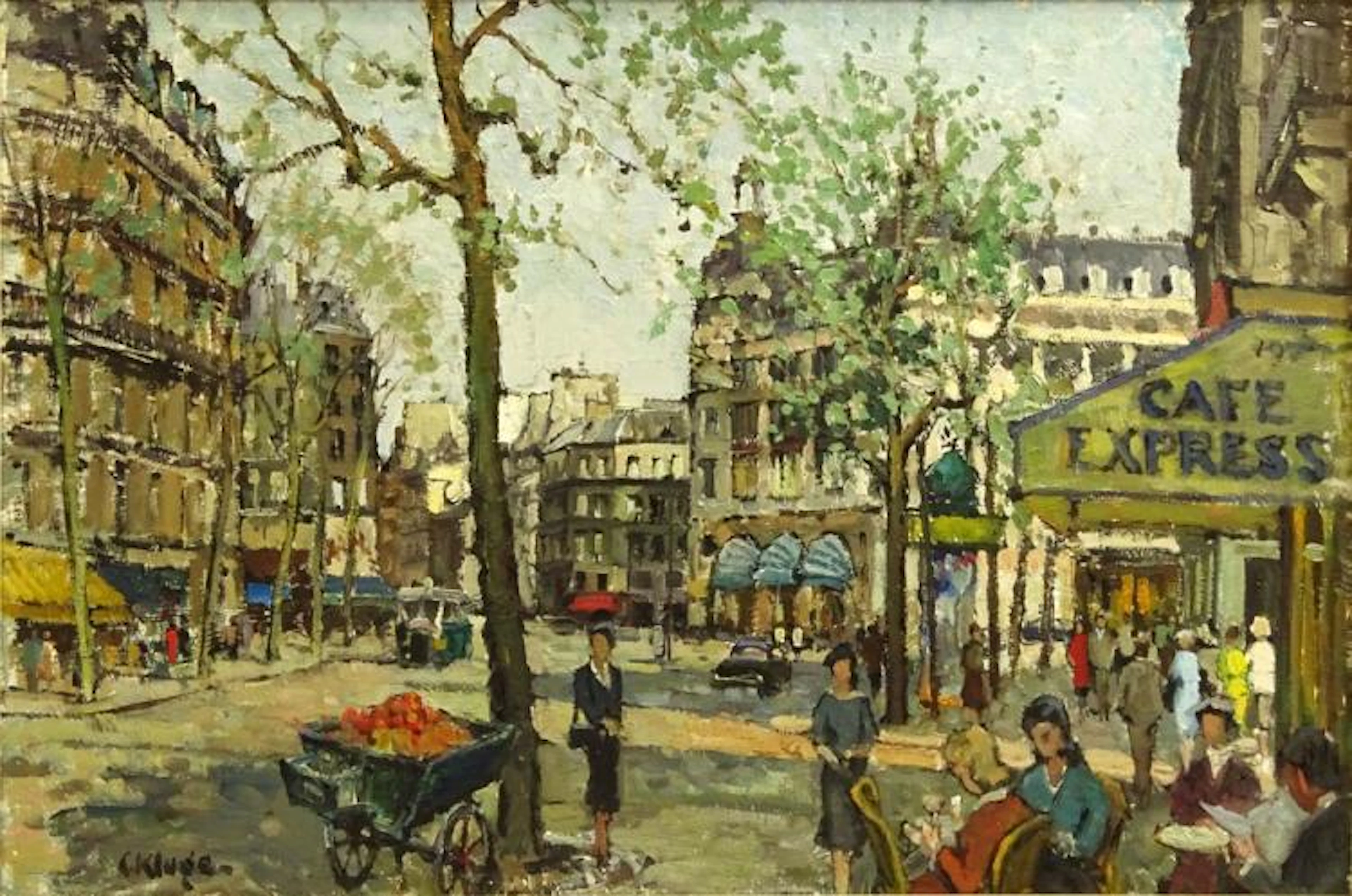 Constantin Kluge, French (1912-2003) oil on canvas "Le Magasin Du Printemps" Signed lower left, Findlay Galleries tag en verso. Measures 36" x 24", frame measures 33-1/2" x 45-14"