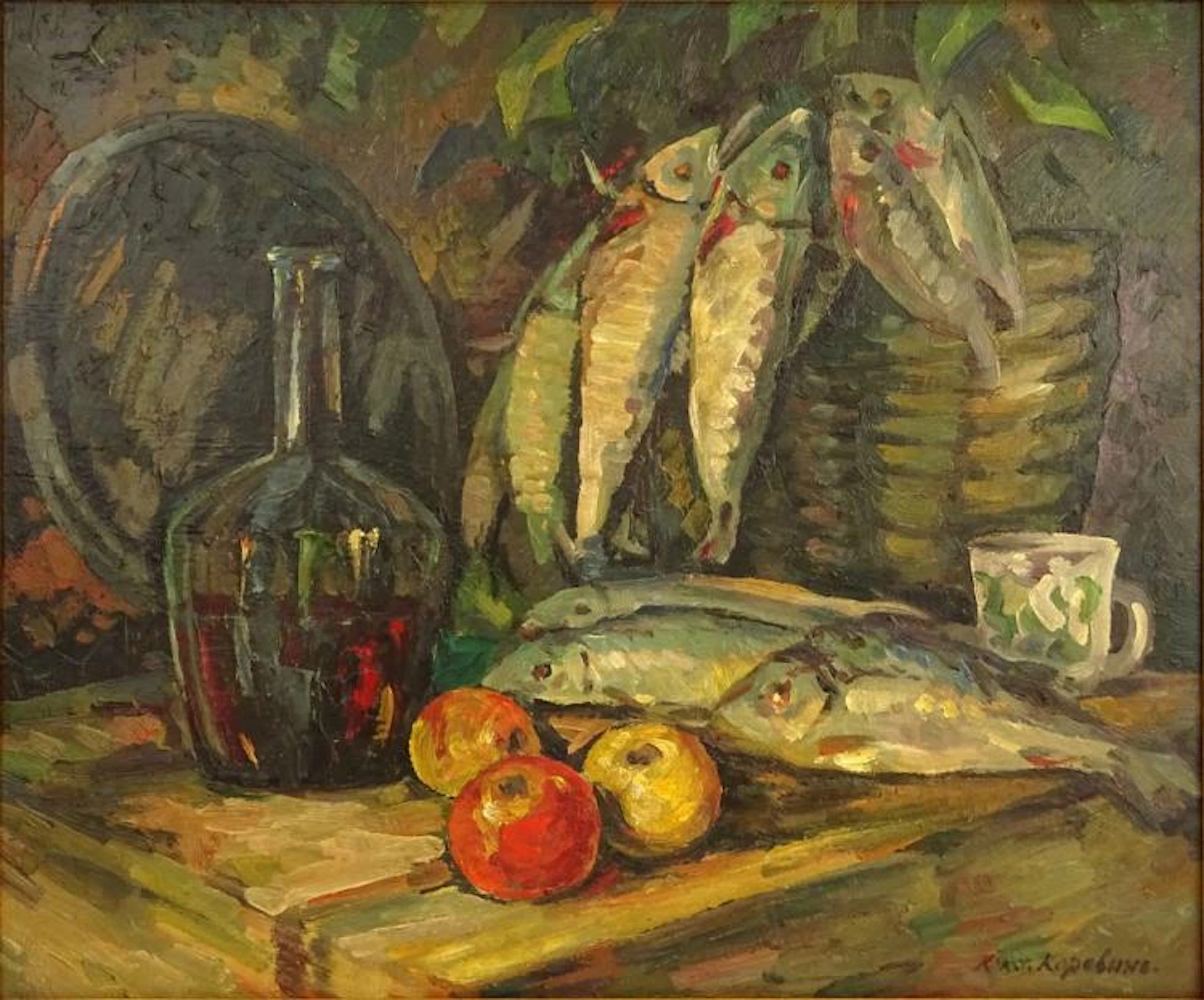 Attributed to: Konstantin Korovin, Russian Oil on canvas, Still Life with Fish. Signed lower right. Very good condition. Measures 20" H, 24" W; frame measures 25-1/2" H, 29-1/2" W