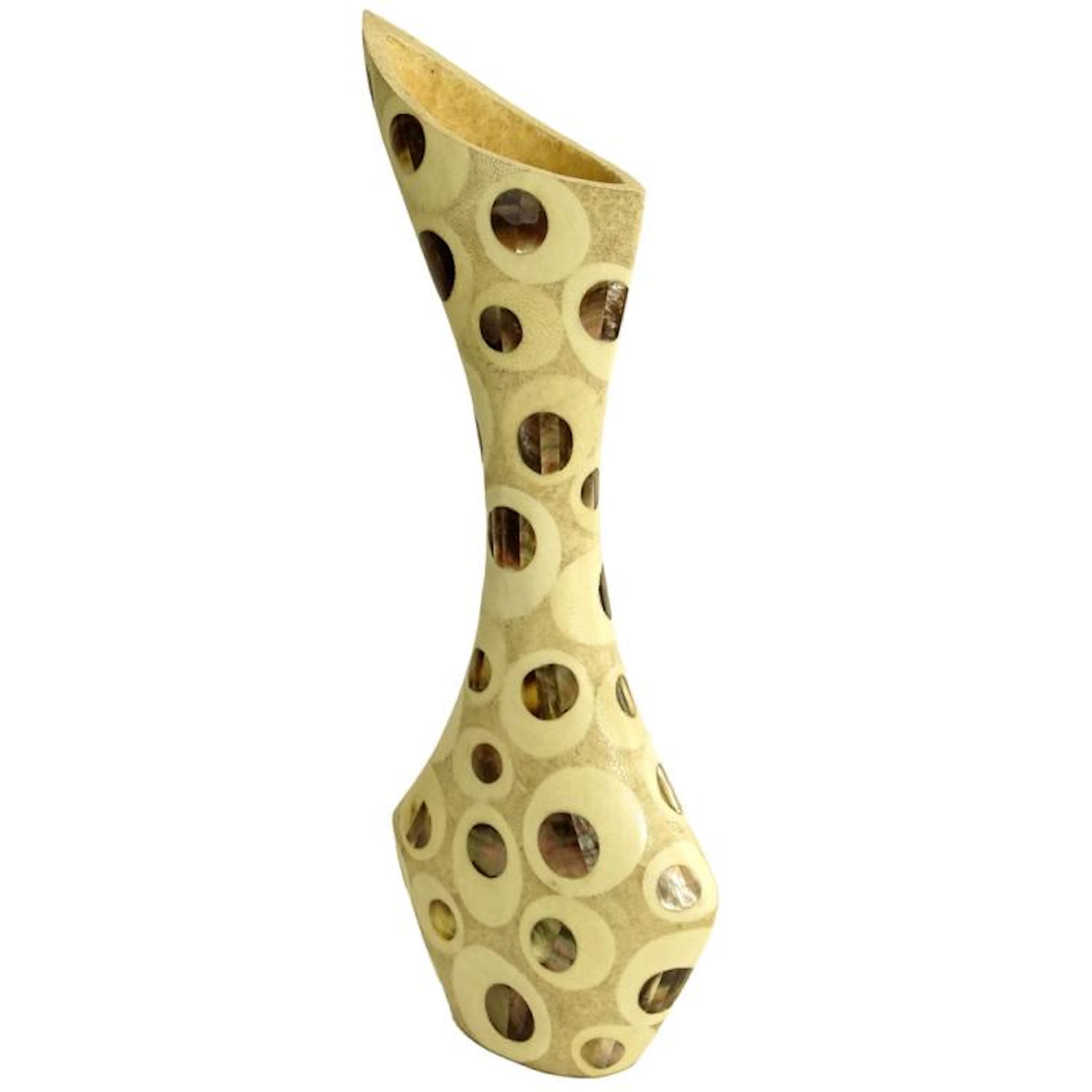 R & Y Auguostini Vase. Faux shagreen resin with inlaid mother of pearl. Signed on bottom. Good condition. Measures 23" H.