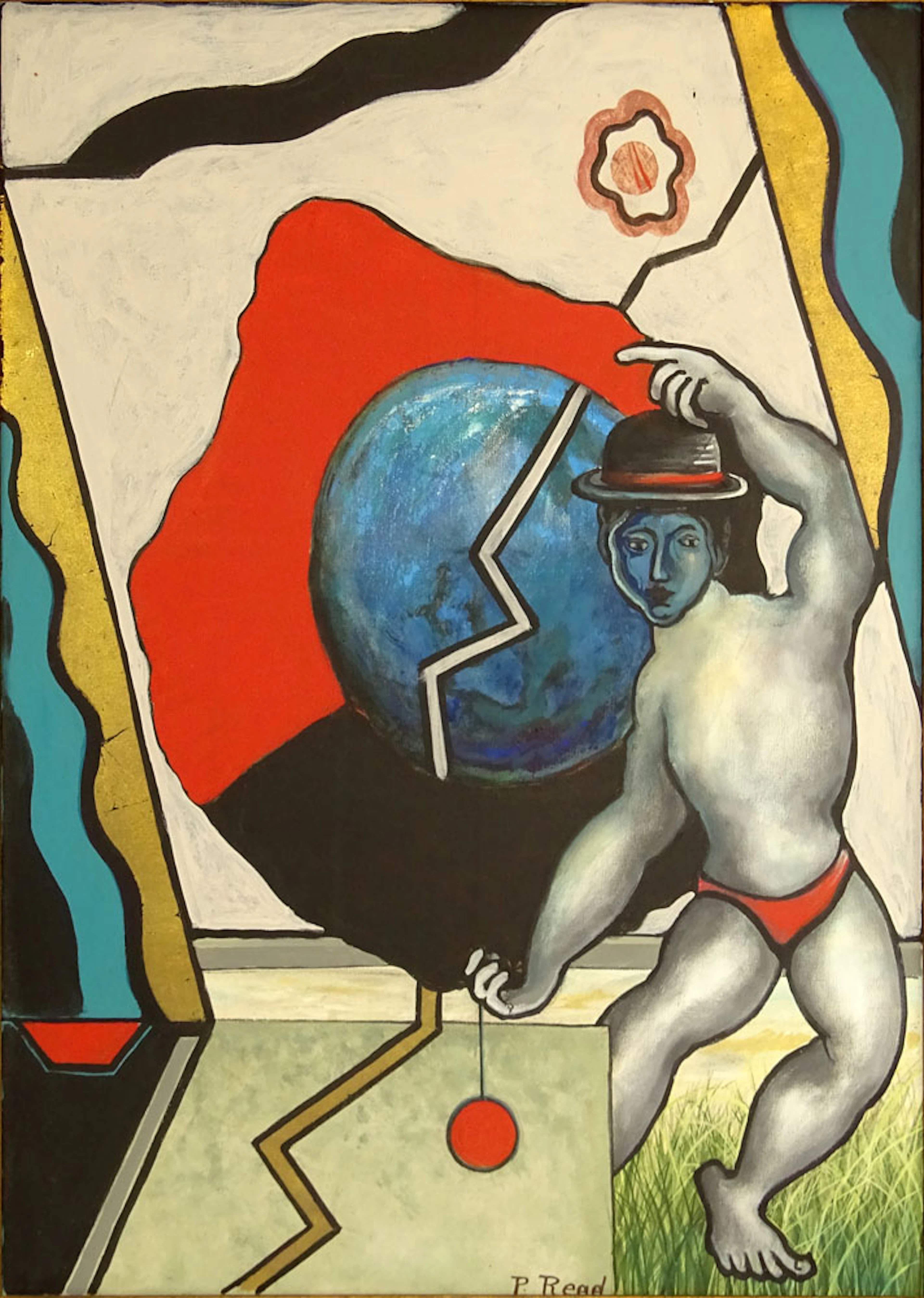 Philip Standish Read, American (1927-2000) oil Painting on Canvas "Man With World" Signed lower right P. Read. Good condition. Measures 30" x 22", frame measures 37-1/2" x 29-1/4"