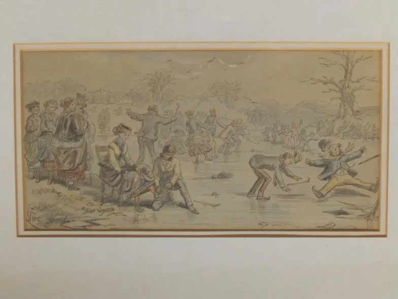 JHS(?) - pencil drawing with watercolour - Humorous scene depicting ...