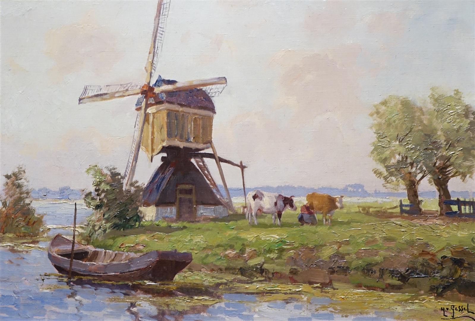 Hollands Landschap Met Molen En Koeien | Barnebys