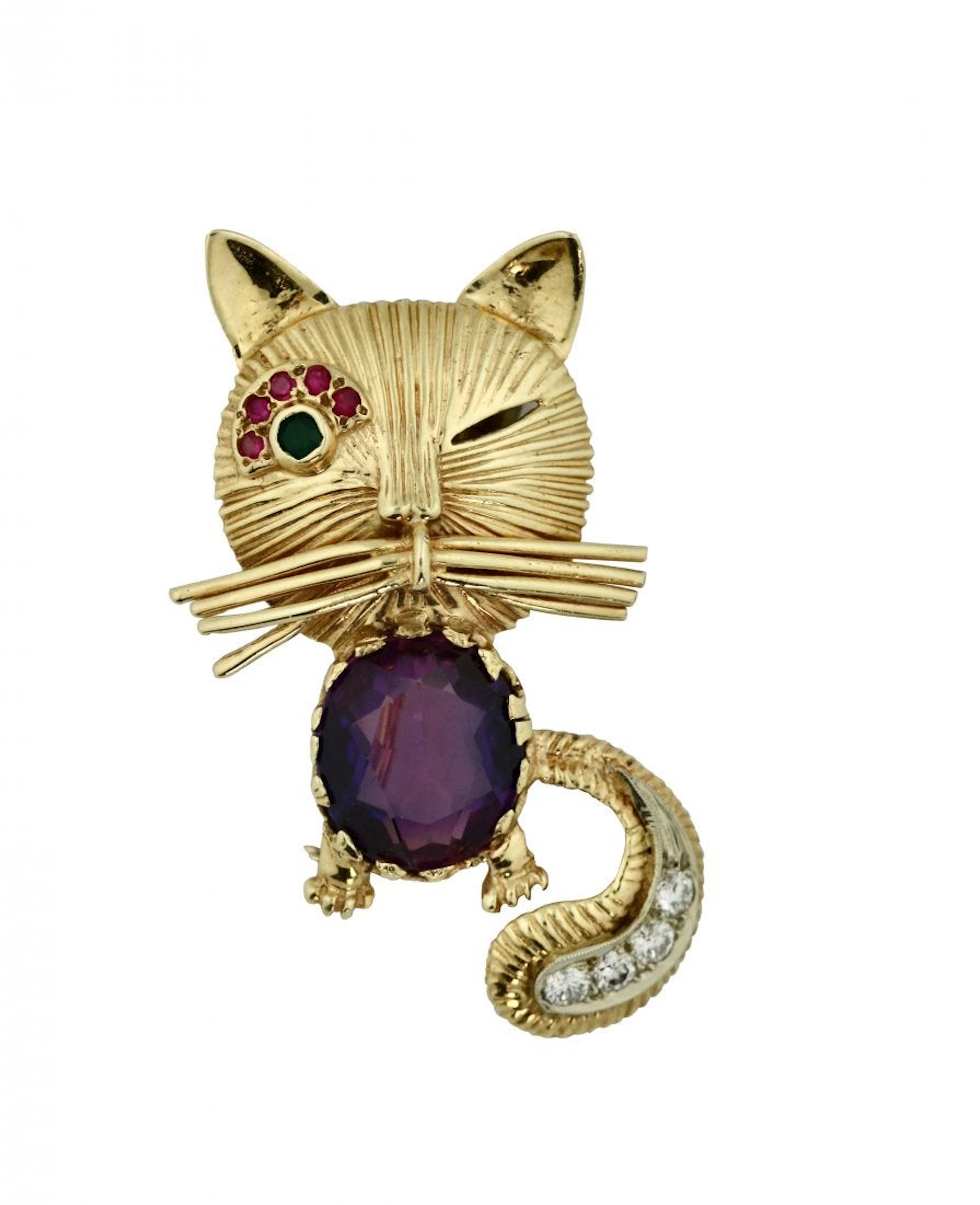 14K Gold, Amethyst and Diamond Cat Brooch