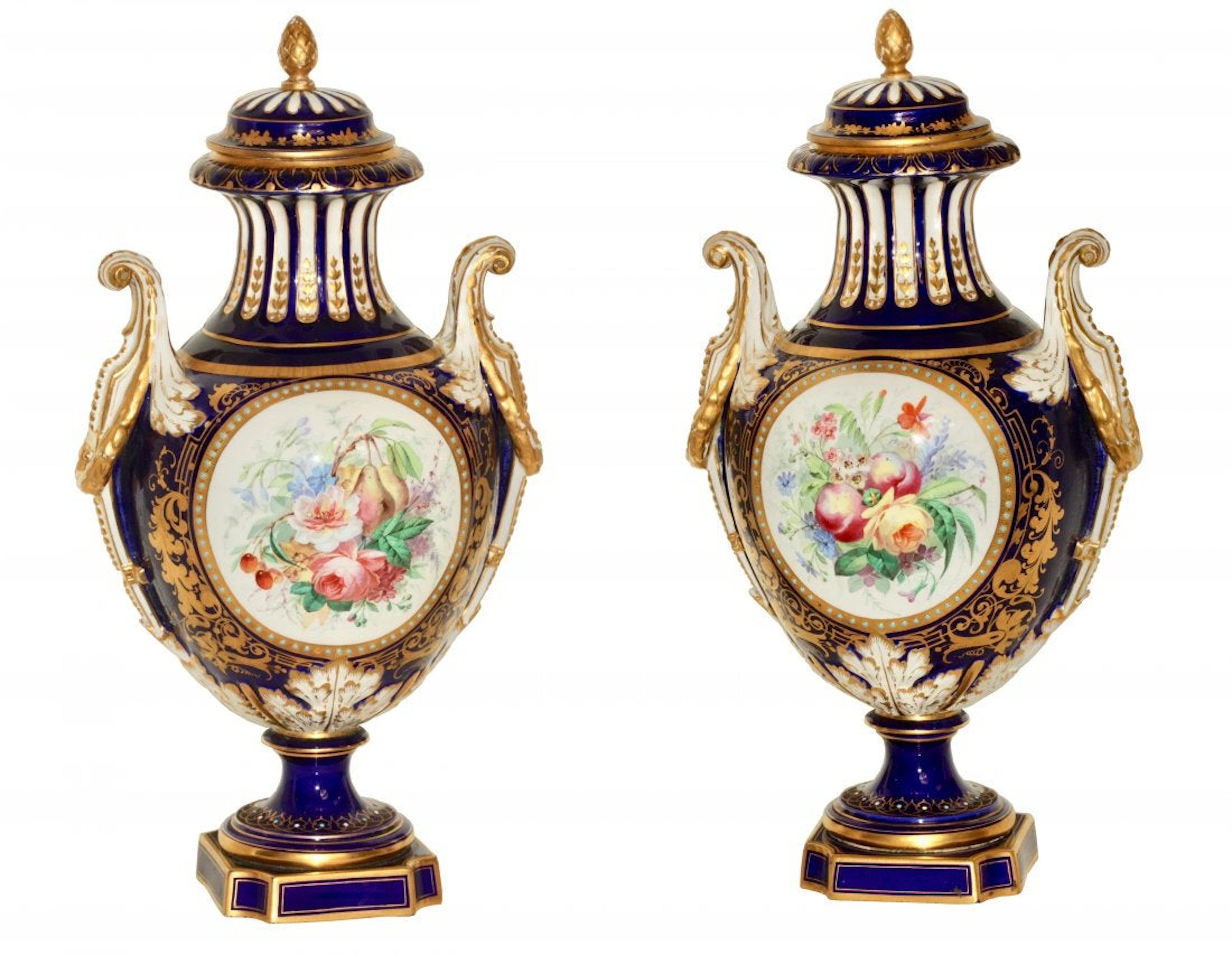 Fine Pair of Sevres Style Blue-Ground Vases and Covers
