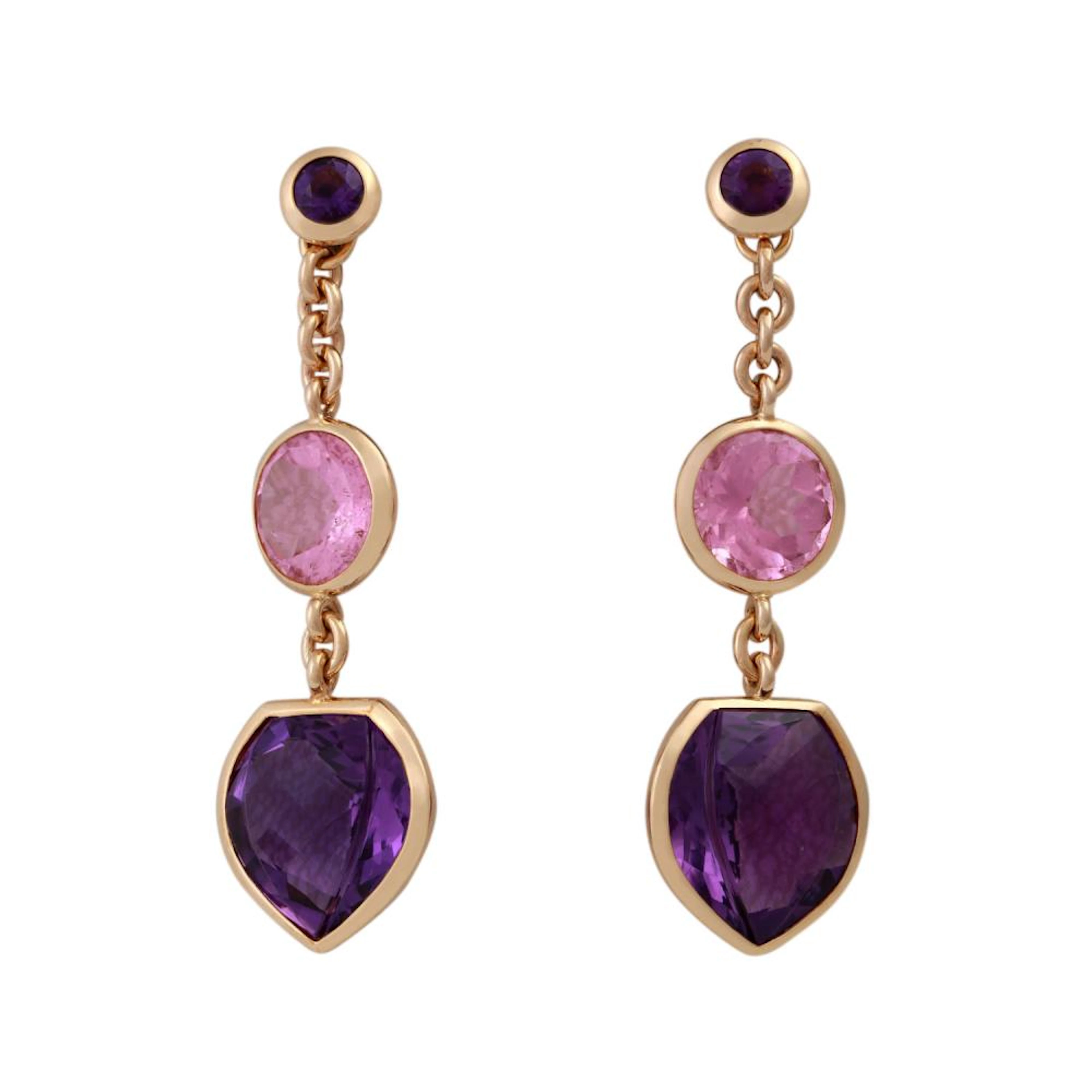 Ohrringe mit je 2 Amethysten und 1 rosa Turmalin,